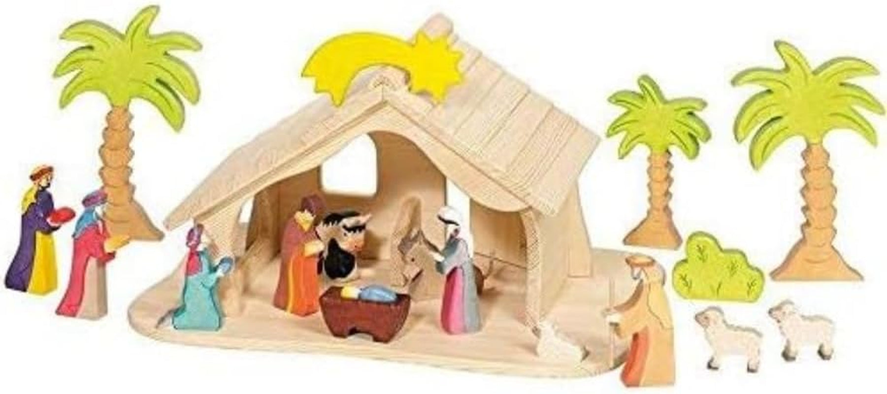 Holztiger dockhus med julstjärna (inga figurer, inga träd)