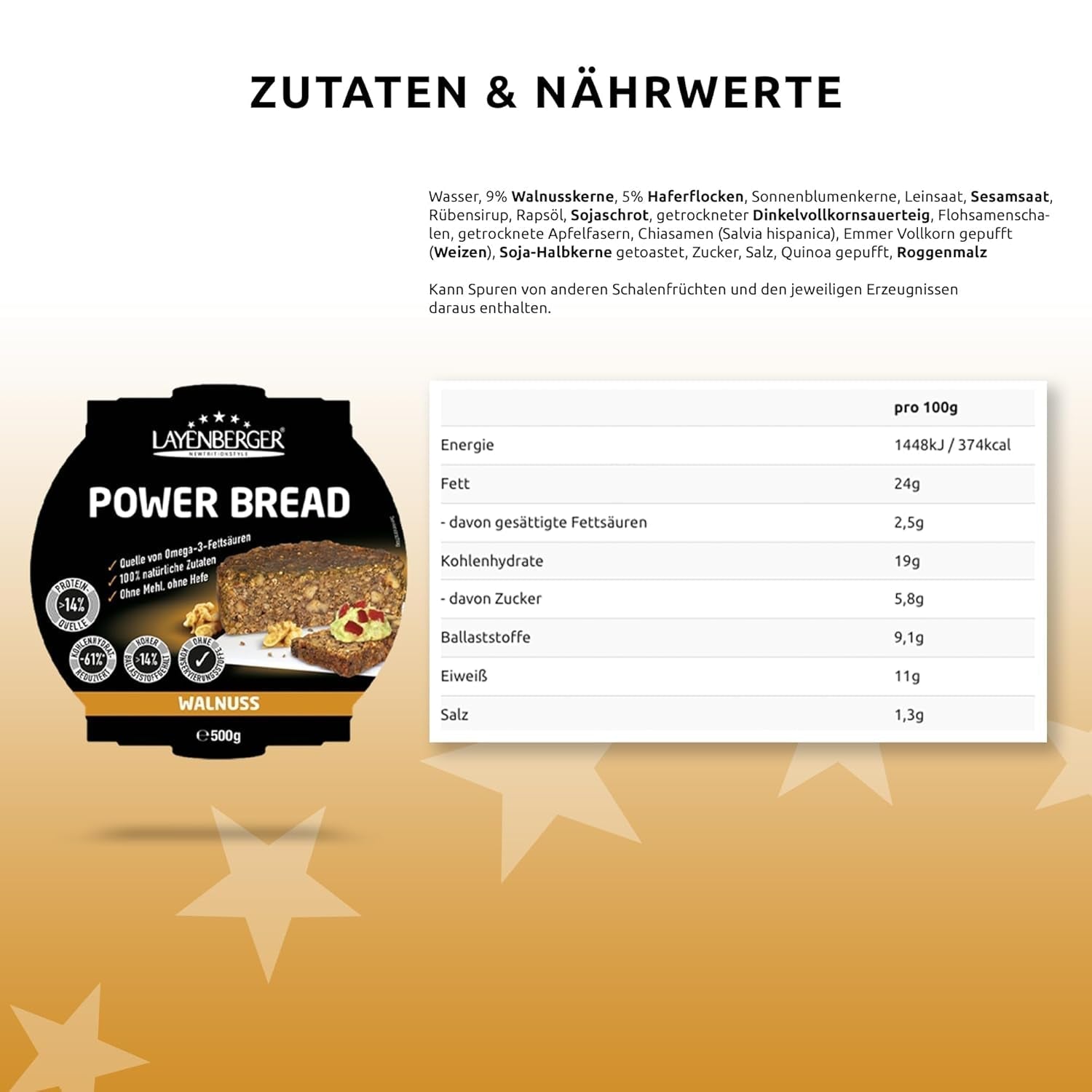 Layenberger Prower Bread Walnut, Eiweiß- Und Ballaststoffquelle, Ohne Konservierungsmittel, Ohne Hefe, Ohne Mehl, Mit 14G Protein Pro 100G, (1 X 500G) Blandning för bakning och matlagning Naty Shop