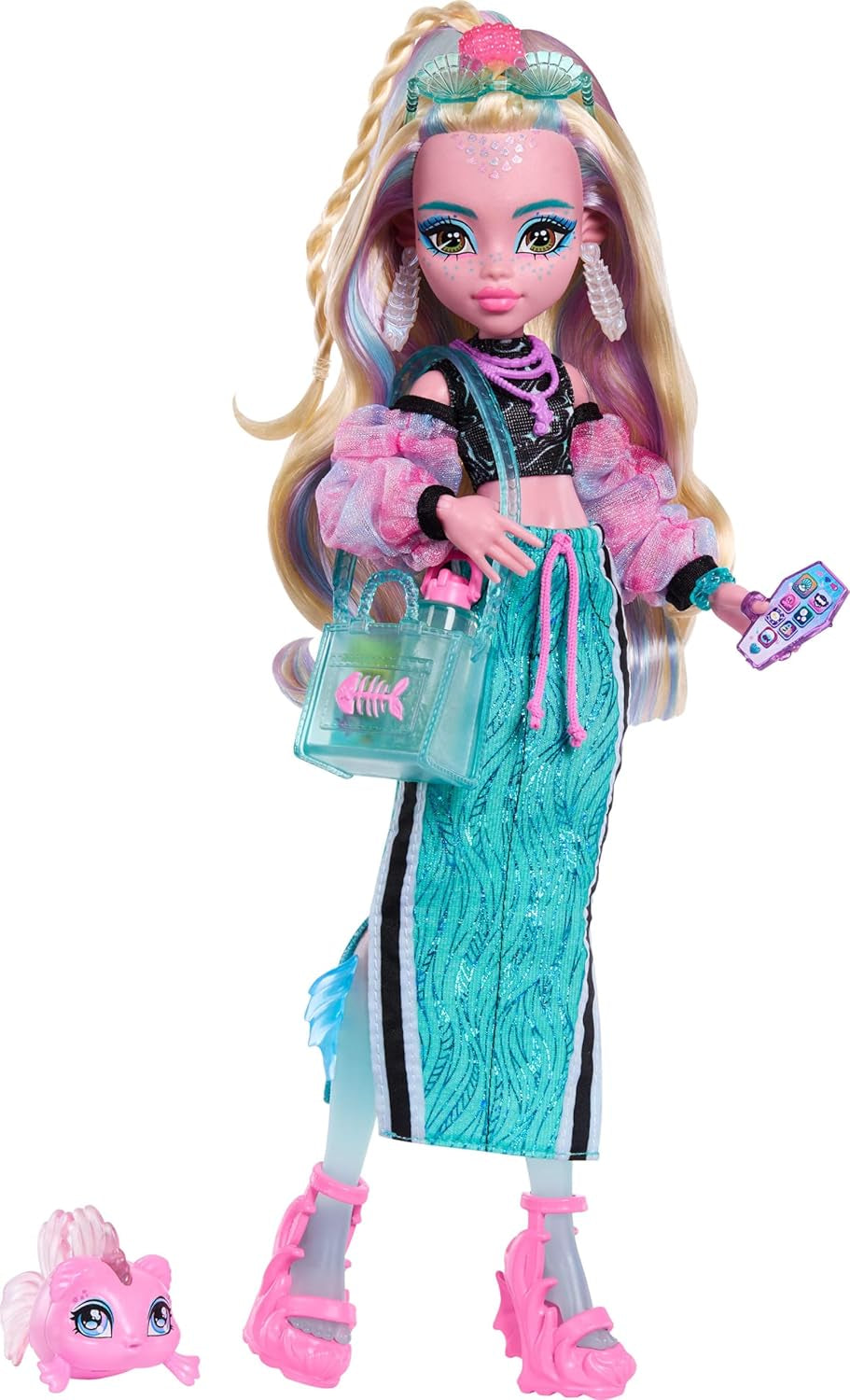 Monster High Lagoona Blue Neptuna Fish Short Top och Sport Maxi Skirt Doll med 7 tillbehör inklusive Shell Solglasögon, Snack och Bag, JHK33