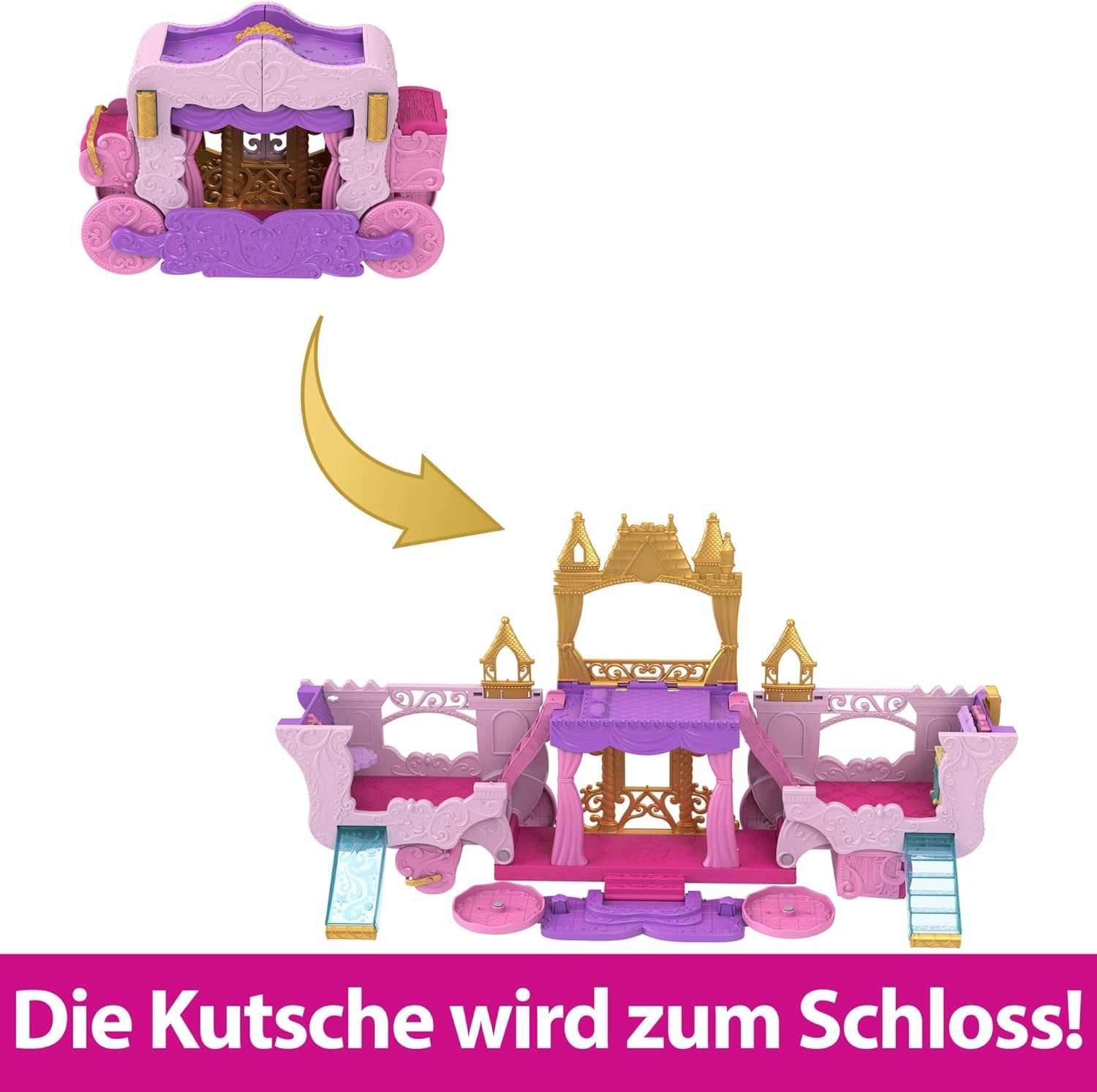 Mattel Disney Princess förvandlar leksetvagn till slott med liten norrskensdocka, 3 nivåer, 6 lekytor, 4 figurer, möbler och tillbehör HWX17 Naty Shop Dolls