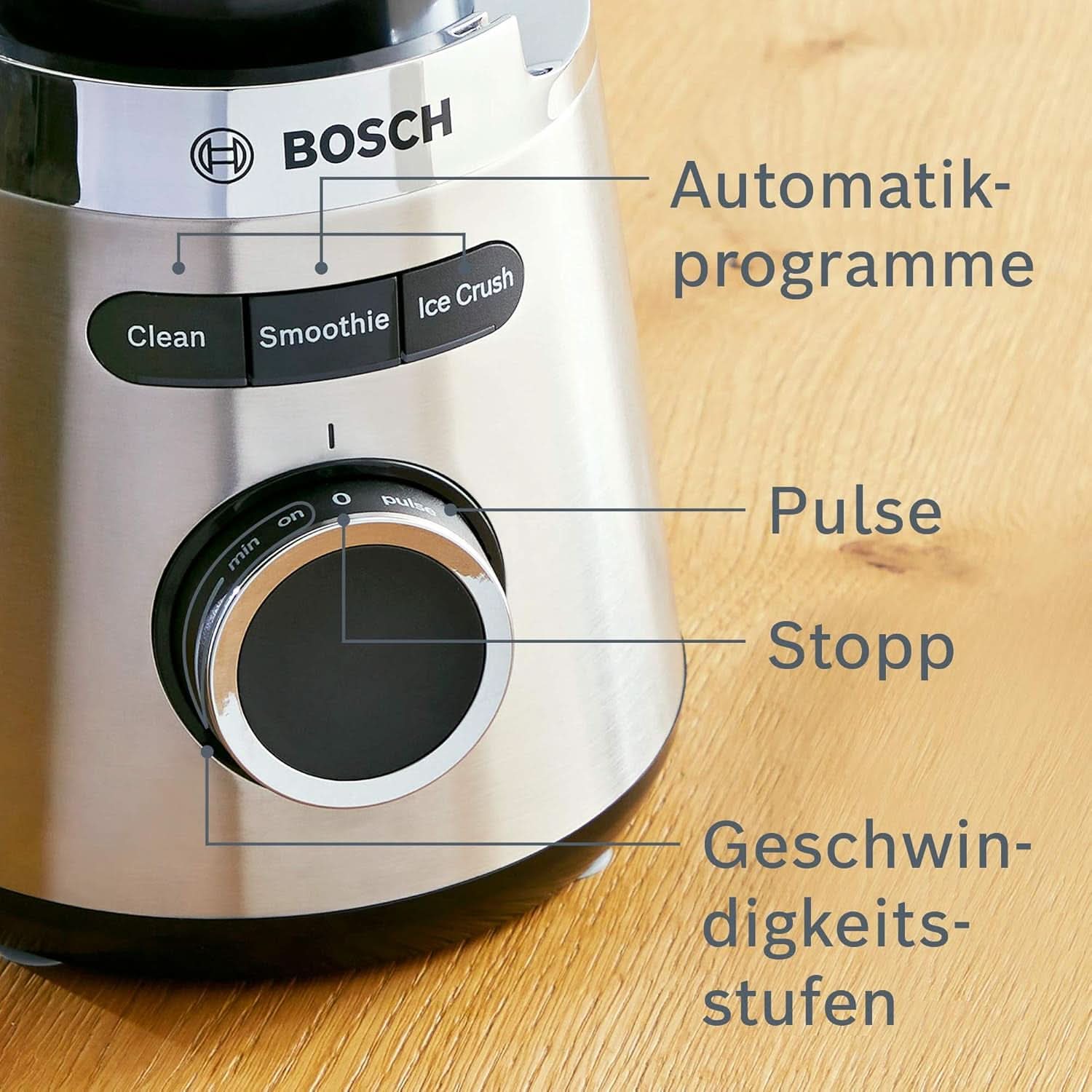 Bosch Standmixer Vitapower Serie 4 MMB6382M, Edelstahl-Klingen Tillverkad i Tyskland, 1,5L Thermosafe Glasbehälter, Stopfer, Sicherheitsdeckel, Spülmaschinengeeignete Teile, 30 000 U/Min, 1200 W, Edelstahl Kitchen Naty Shop