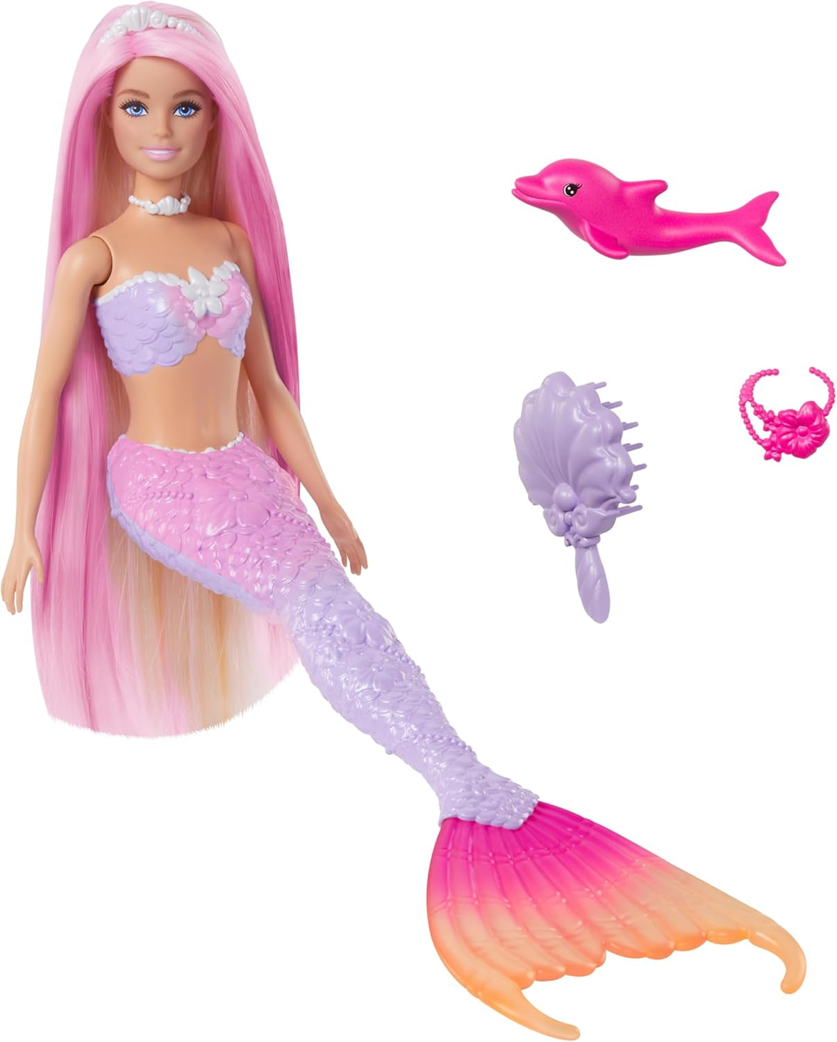 BARBIE sjöjungfrudocka - Inspirerad av tv-serien "Barbie: Hidden Magic" med färgskiftande effekt och accessoarer, 19 cm långt rosa hår för styling, för barn från 3 år och uppåt, HRP97