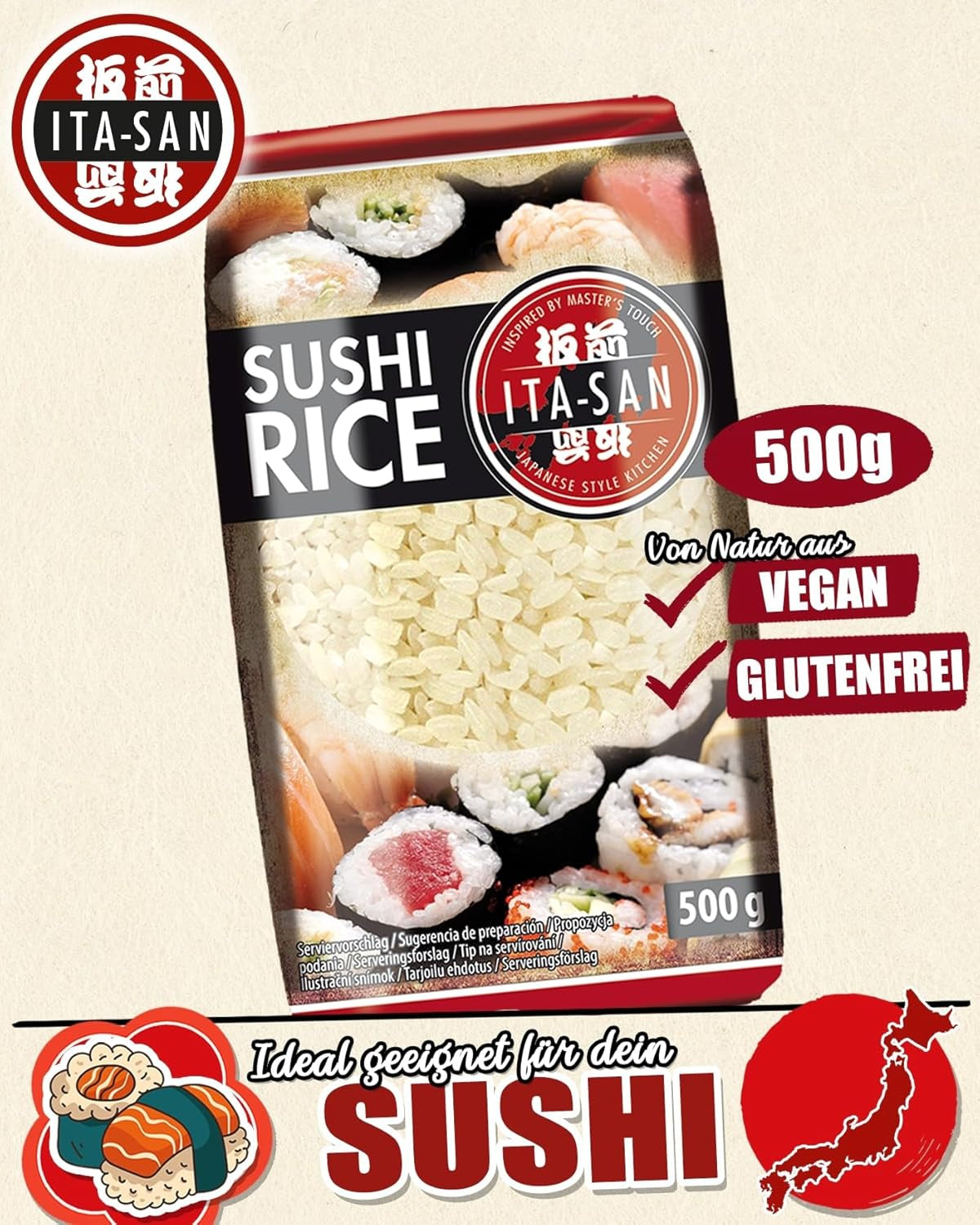ITA-SAN Sushiris, Rundkorn, Toppkvalitet, 100 % ren variation, Snabb och enkel förberedelse, Vegansk, Halal, Glutenfri (1 x 500 g)