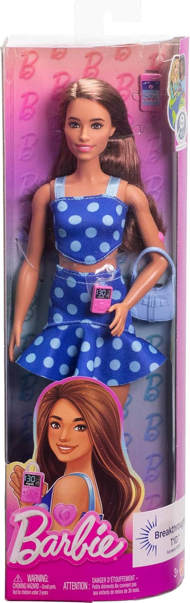 Barbie Fashionistas #242 docka med typ 1-diabetes och prickiga outfits och accessoarer i samarbete med Breakthrough T1D, HYT97