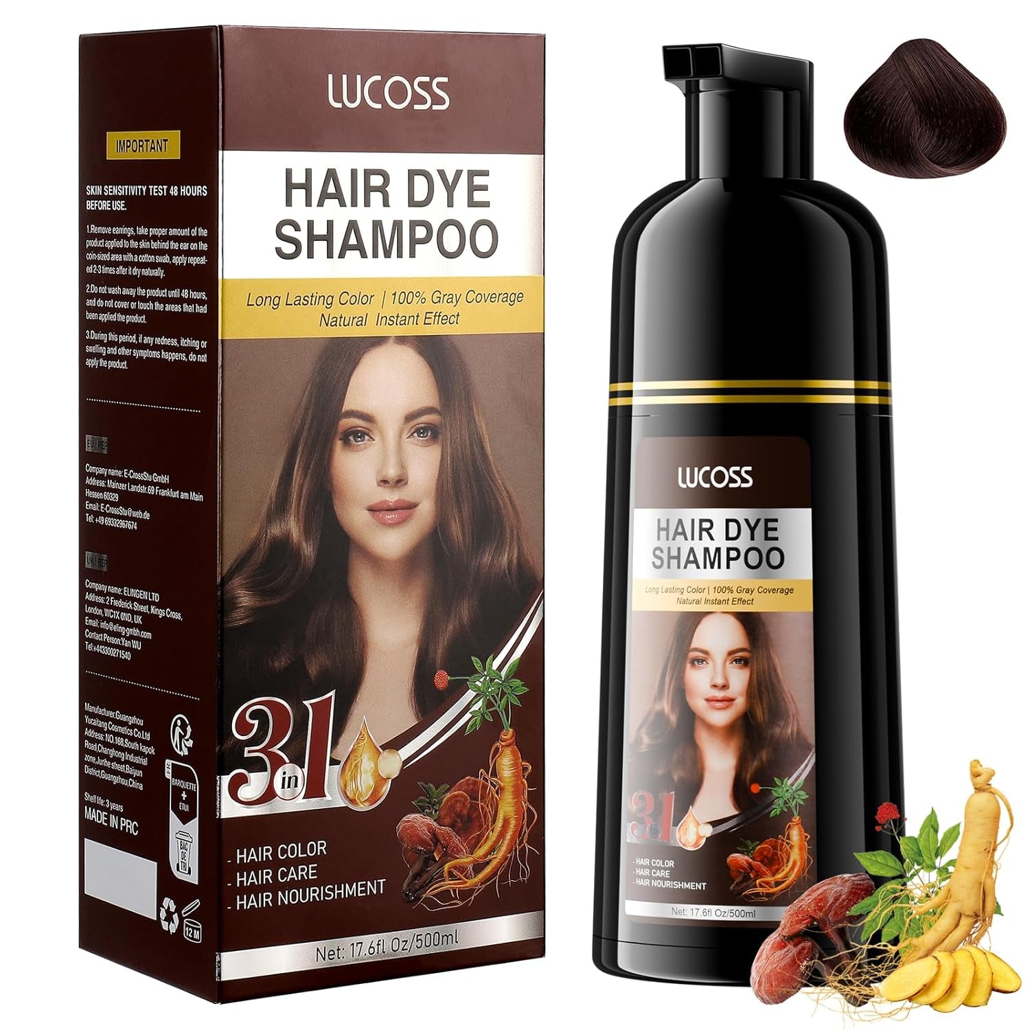 Instant Black Hair Shampoo, Natural Hair Color Shampoo, 100 % grå täckning - Enkelt och snabbt, Semi Permanent Color för svart hår, Hårfärgshampoo för män och kvinnor Naty Shop Hårfärg Mörkbrun