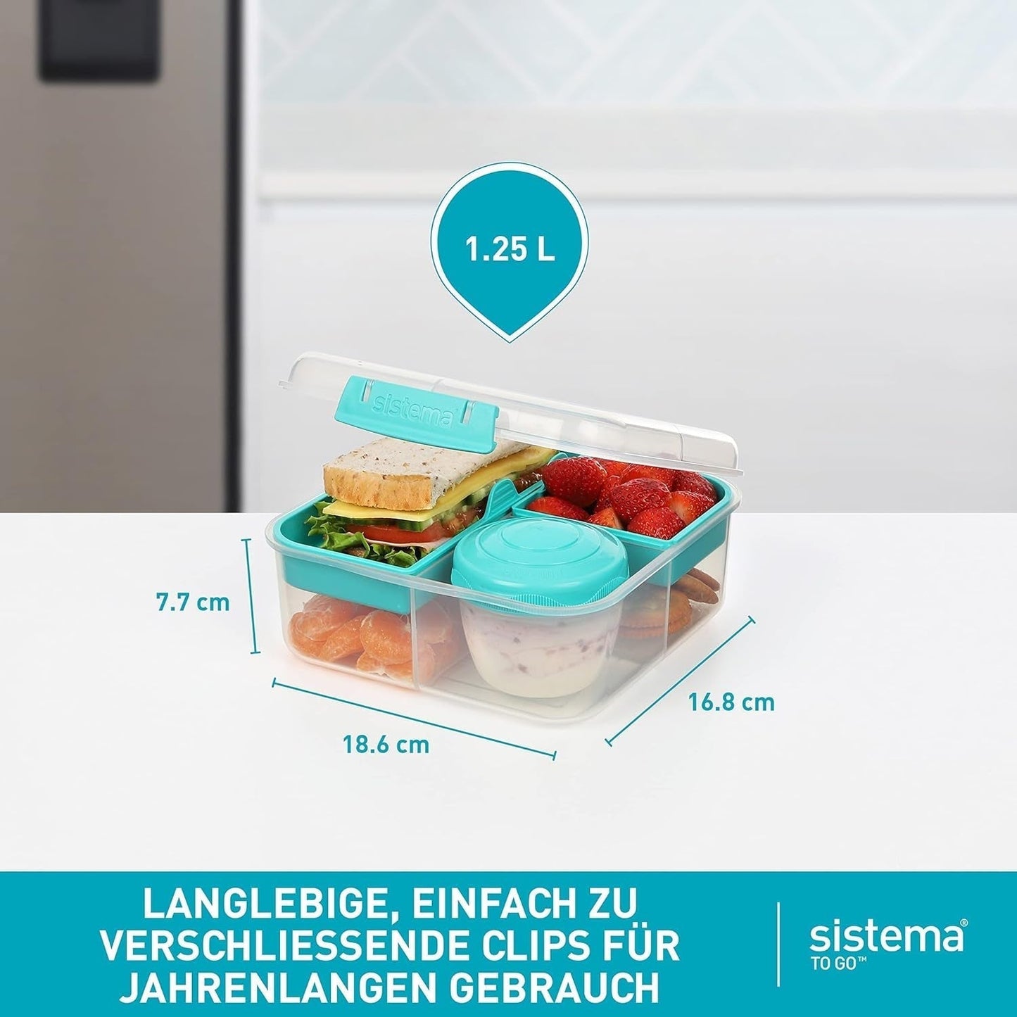 Bento Box TO GO matlådesystem med fack | 1,25 L matlåda med yoghurt/fruktbehållare | för barn och vuxna l | BPA-fri Minty Teal [21685-8T], mintgrön Naty Shop matförvaringslådor