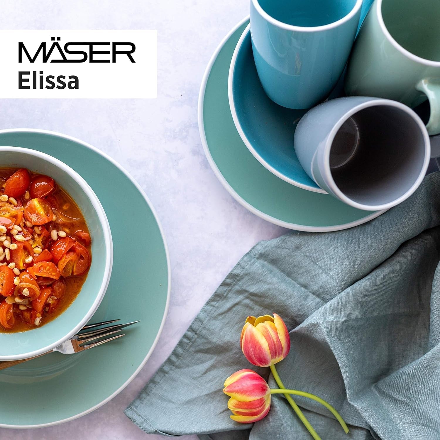 MÄSER 931844 Elissa Series Moderna servisset för 6, blå med vit kant, 24-delat kombinationsset, keramik