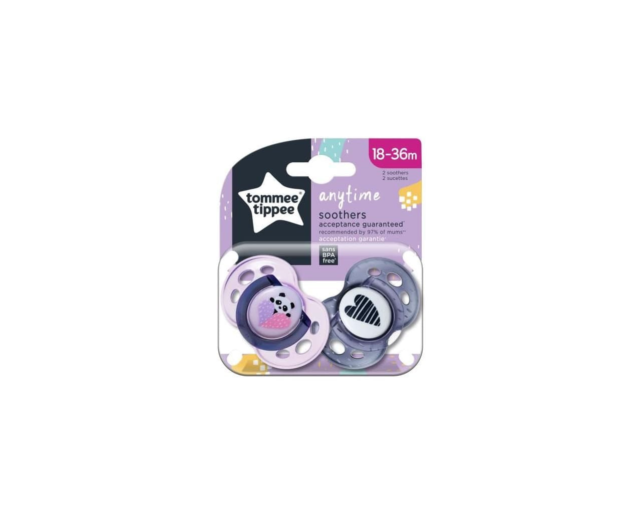 Tommee Tippee Anytime-napp, symmetrisk ortodontisk form, BPA-fri silikon, 18-36 månader, 2-pack, flerfärgad