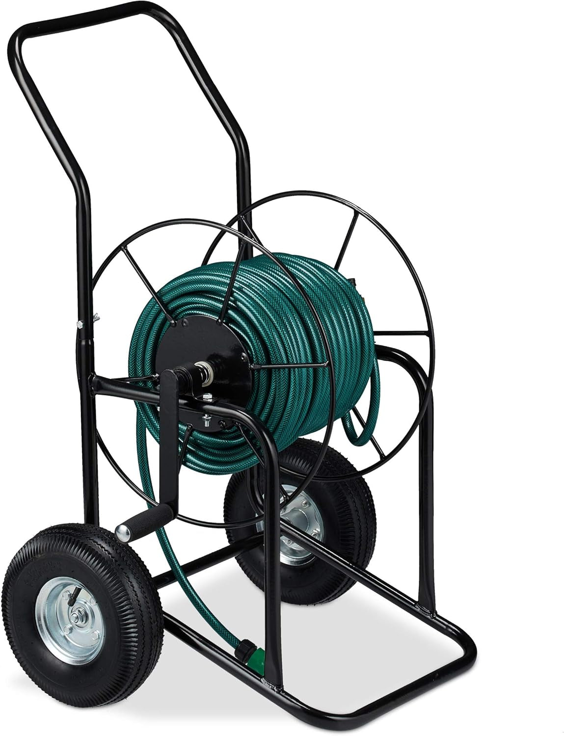 Relaxdays slangvagn, mobil slangupprullare, 1/2" och 3/4" anslutning, slang upp till 80 m, 2 hjul, metall, svart