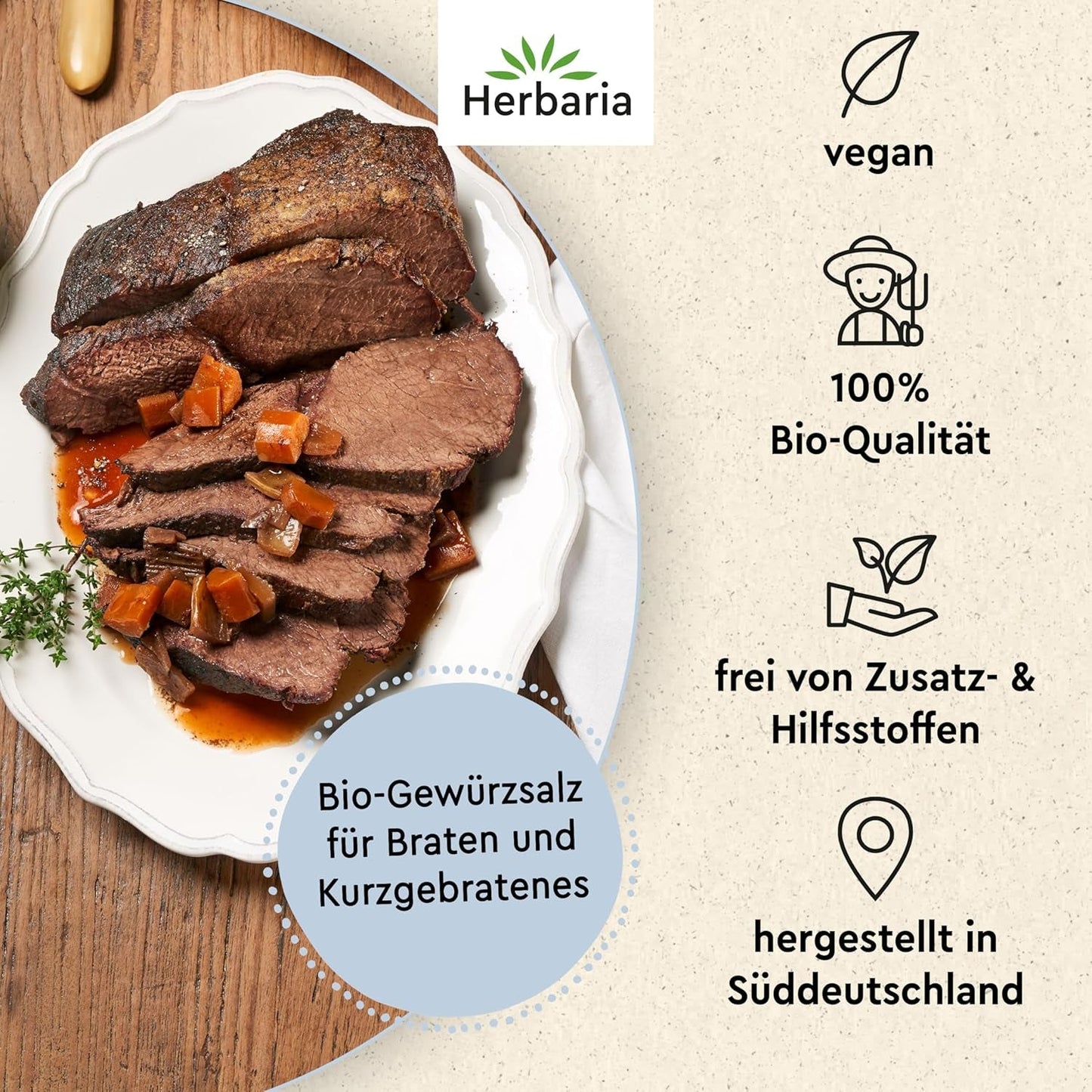 Herbaria Himmel auf Erden bio 100g M-Dose – fertiges Bio-Gewürzsalz für Rind-, Kalb- och Schweinefleisch als Braten eller Kurzgebratenes – in nachhaltiger Aromaschutz-Dose