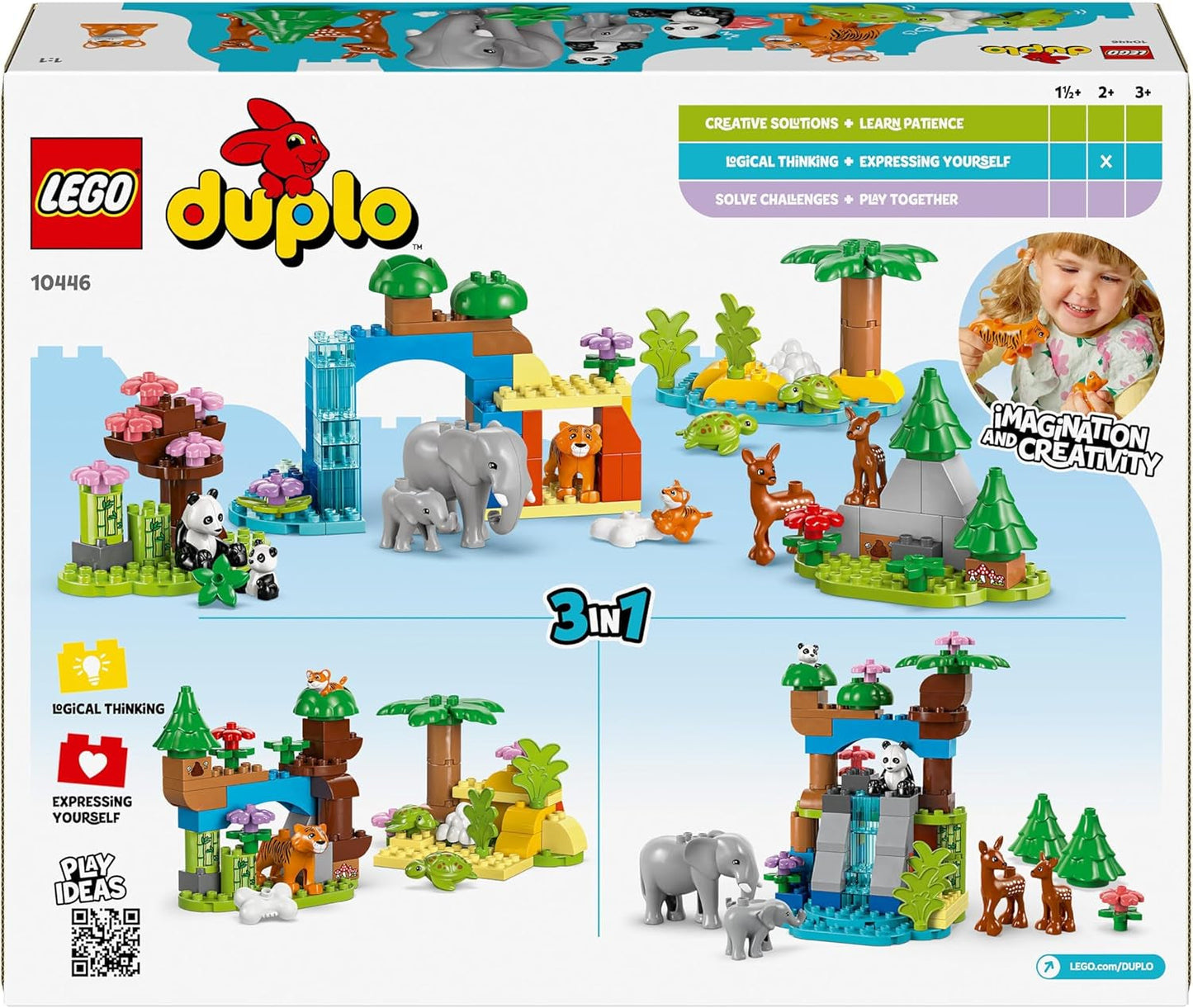 LEGO DUPLO Town Wild Animal Familjer 3-i-1-set, pedagogisk leksak för småbarn med sköldpaddor, tigrar, elefanter, rådjur, pandor, set för förskolebarn från 2 år, Byggleksak med djurfigurer 10446 Byggset Beuche den LEGO-Store