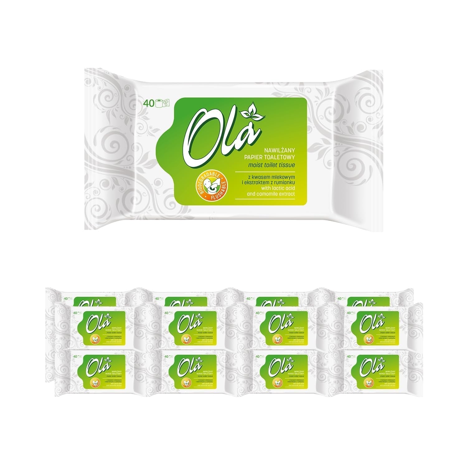 OLA vått toalettpapper - (1X40 stycken) Våtservetter - kamomillextrakt och mjölksyra, tvättbar, känslig hud - 40 stycken