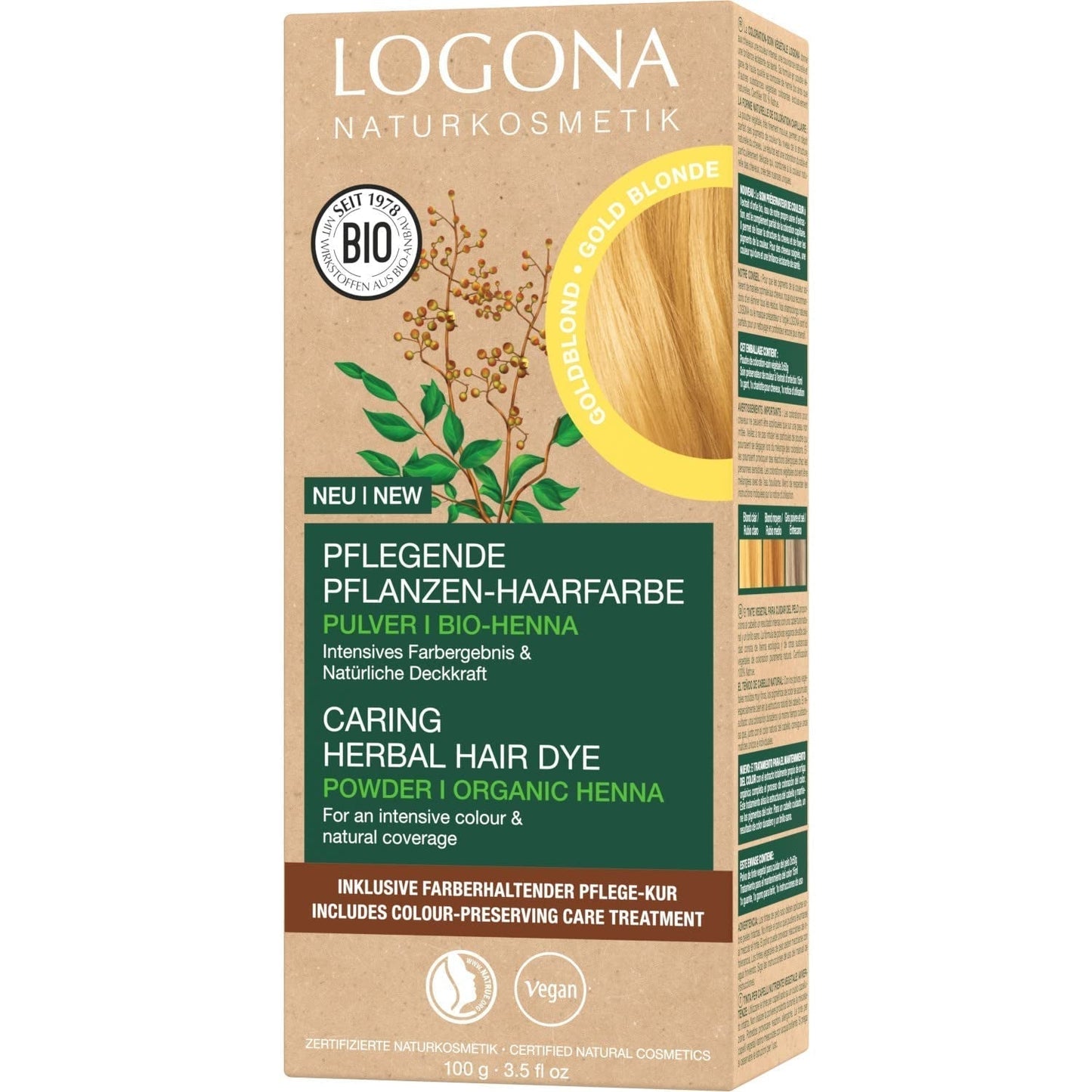 LOGONA Natural Cosmetics Örtvårdande hårfärgningsmedel, organiskt hennapulver Vegansk hårfärg för intensiv färg och glans, örtfärgat hårfärg i kopparblond (blond), 1 x 100 g Naty Shop Golden Blonde hårfärg 100G (1 förpackning)