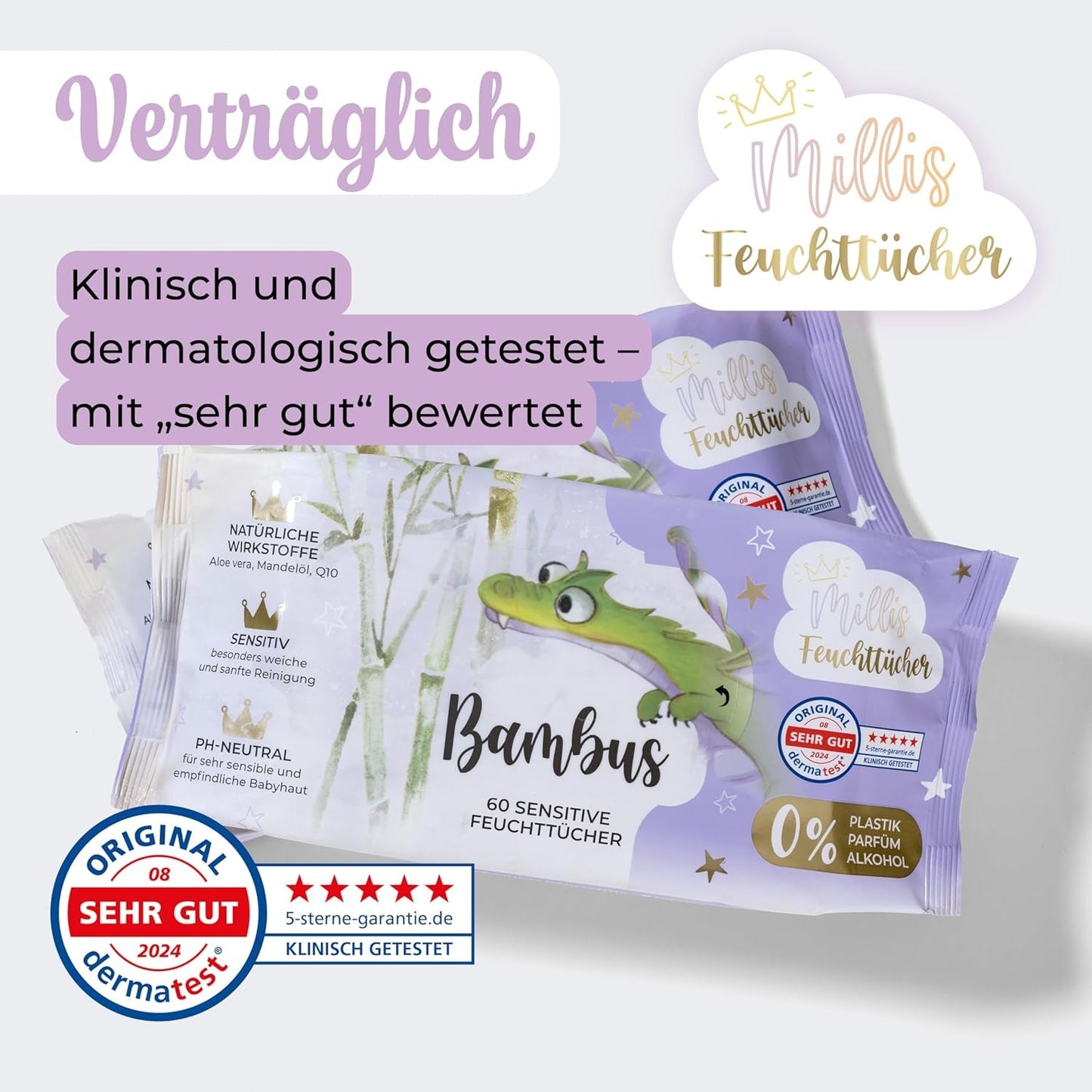 Millis Bamboo Baby Sensitive våtservetter för ömtålig babyhud - 5 x 60 stycken - Naturlig, skonsam och hållbar rengöring - Biologiskt nedbrytbara babyservetter, plastfria och alkoholfria
