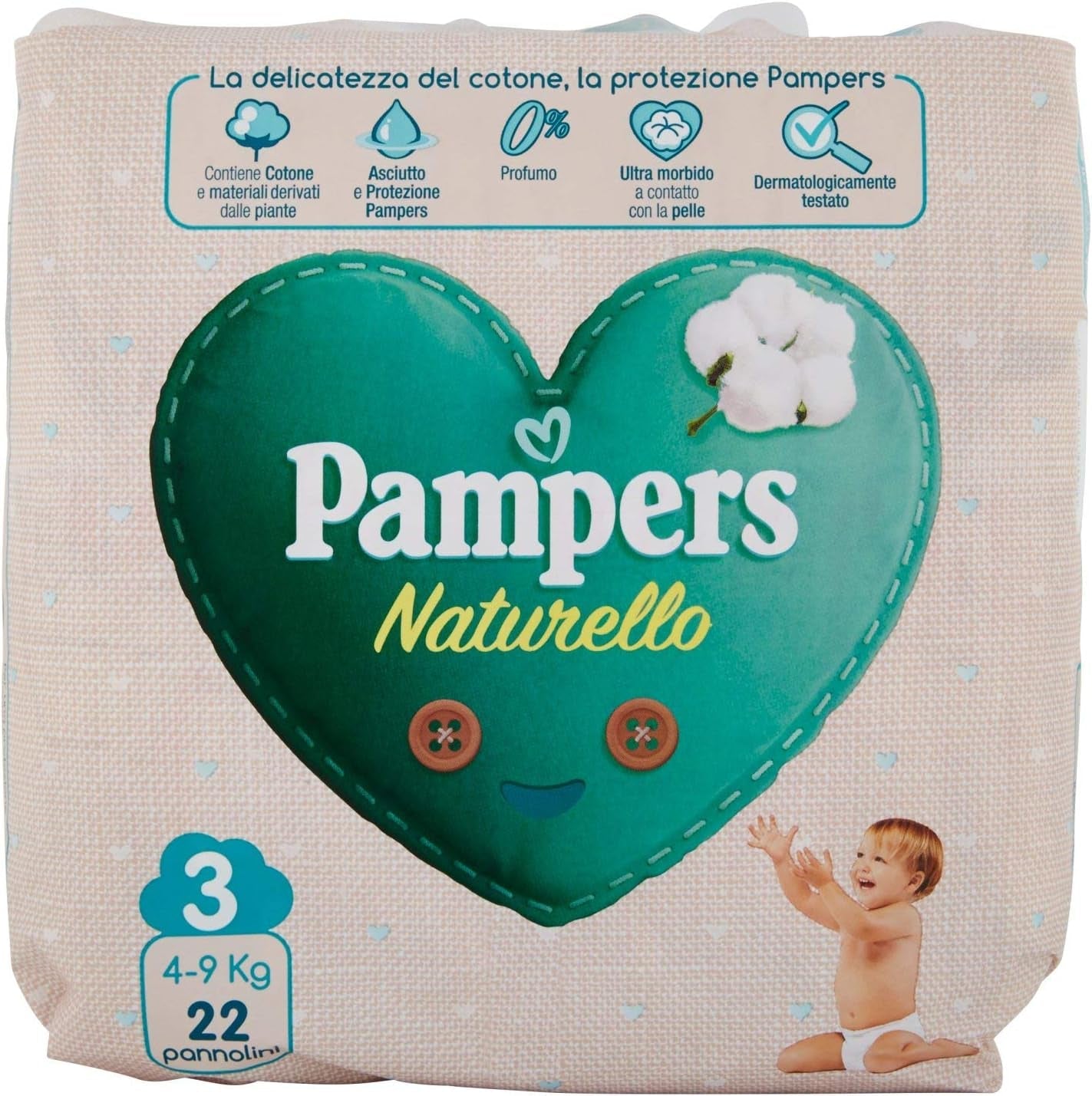 Pampers Naturello Midi, 22 blöjor, storlek 3 (4-9 kg)