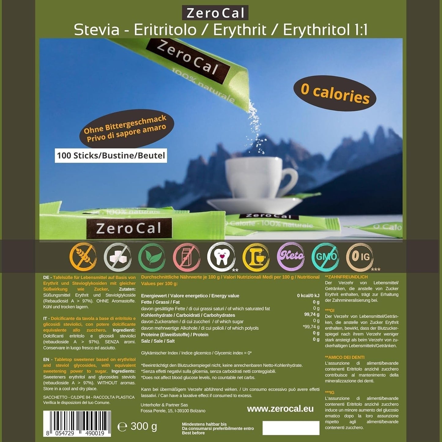 Zerocal - 1:1 (Erythritol + Stevia) 100 Sticks Je 3 G | Idealisk för sötning av kaffe, te och andra drycker Gleiche Süßkraft Von Zucker | Glutenfri, Vegan, GMO-fri | Kalorien Und GI = 0 Sweeteners Naty Shop