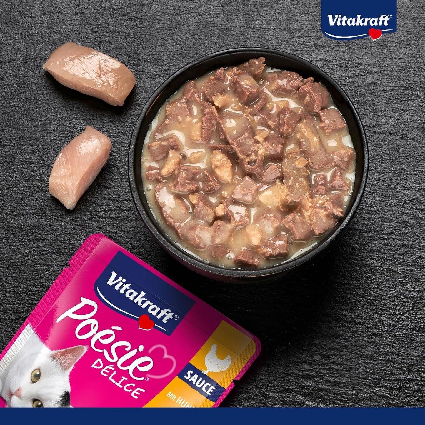Vitakraft Poésie Délice, Nassfutter Katze, Katzennassfutter i sås, med kyckling, Vorratspackung, ohne Zusatz von Zucker och Getreide (23x 85g)