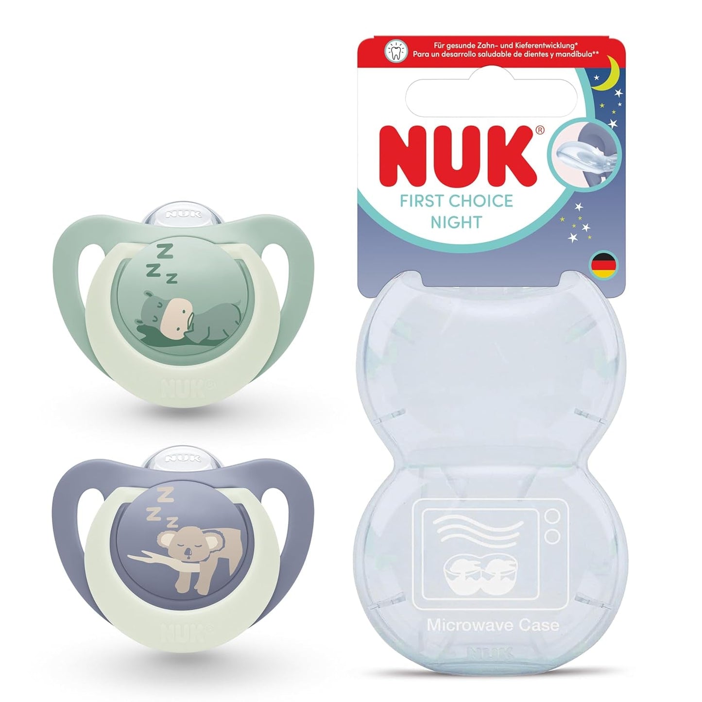 NUK First Choice Nattnappar för bebisar | 6-18 månader | Ortodontiska nappar som lyser i mörkret | Lugnar 99 % av barnen** | Flodhäst/Koala | Paket om 2