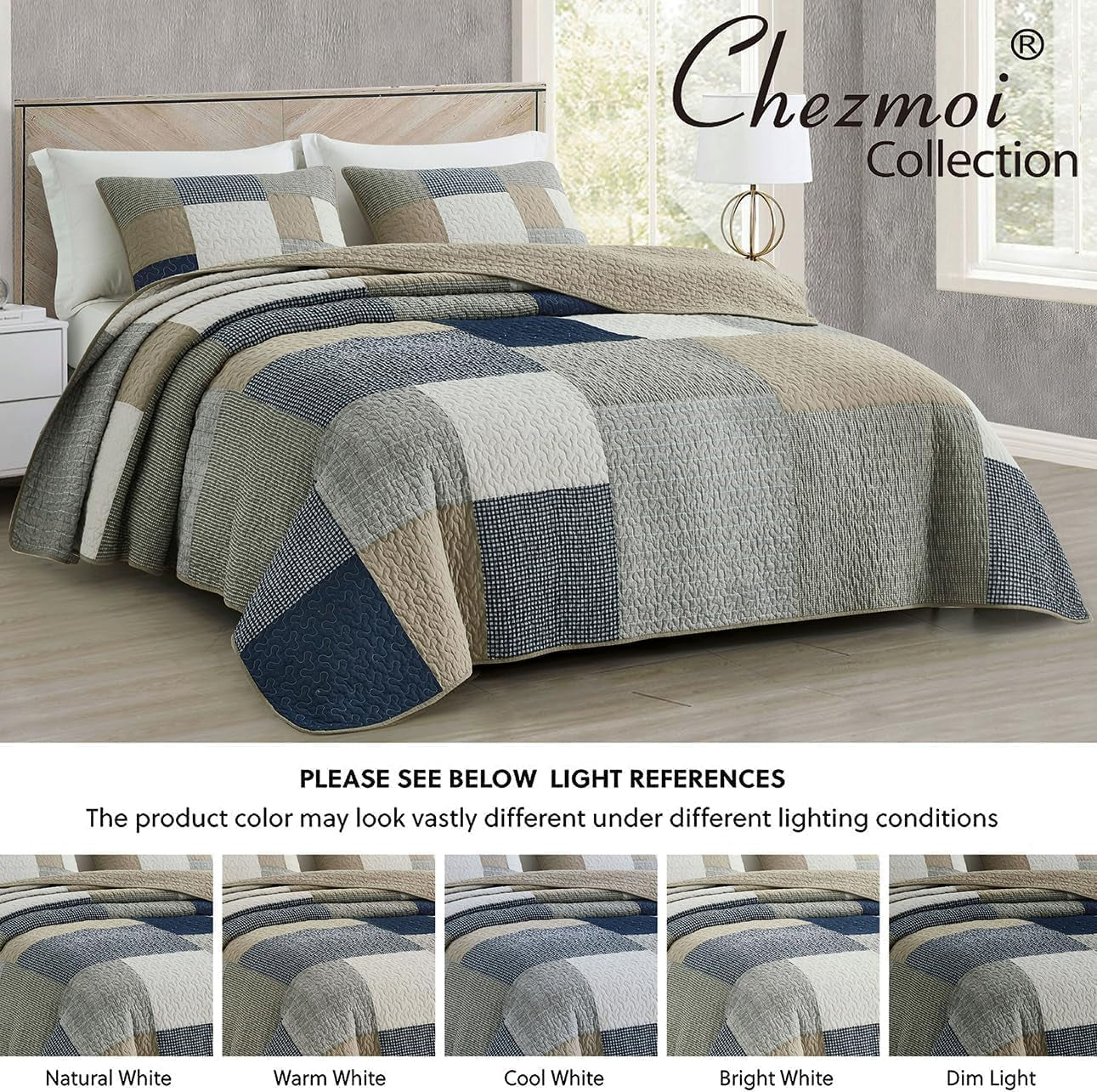 Chezmoi Collection Addy Patchwork Quilt Set Förtvättad bomull Lätt Vändbar All Seasons Oversized 3 delar Marinblå Vit Grå Taupe Pläd Quilts & Quilts Naty Shop