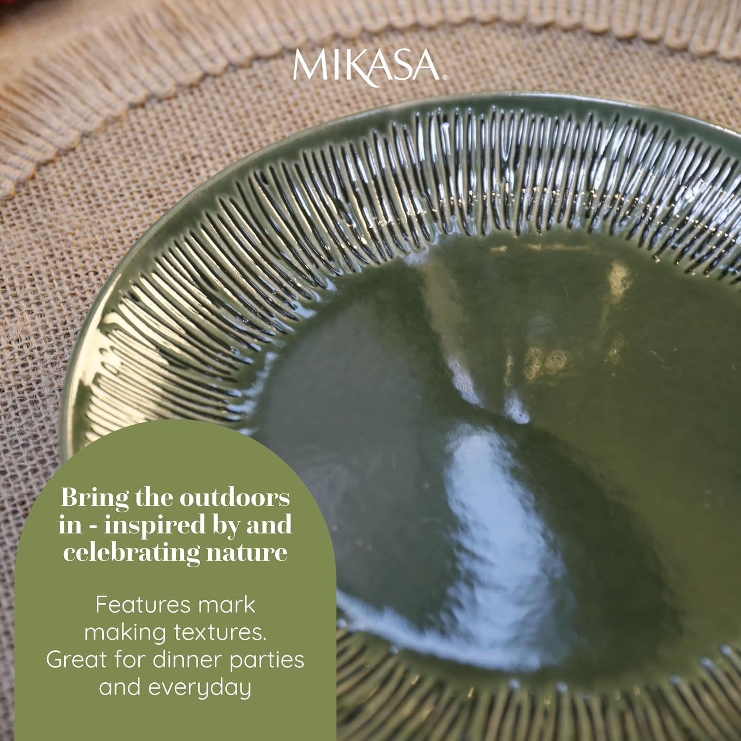 Mikasa Jardin 12-delat servisset, 4-personers servisset i stengods med tallrikar, sidotallrikar och skålar, grönt - presentförpackning och diskmaskinssäker