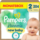 Pampers Harmony blöjor storlek 2, 204 blöjor, 4 kg-8 kg, skonsamt hudskydd med 100 % Pampers skydd