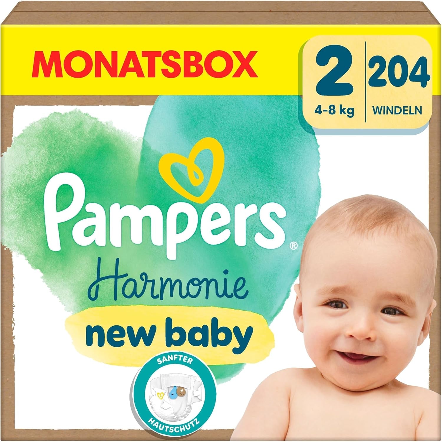 Pampers Harmony blöjor storlek 2, 204 blöjor, 4 kg-8 kg, skonsamt hudskydd med 100 % Pampers skydd