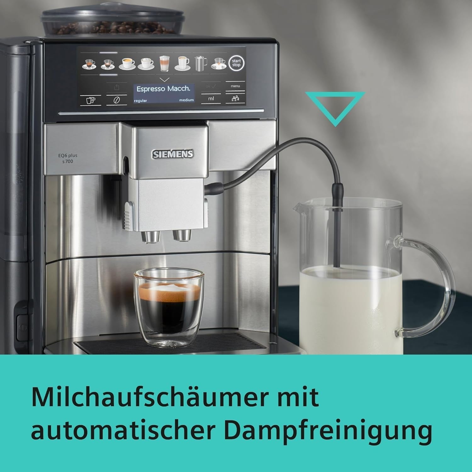 Automatisk espressomaskin Siemens EQ.6 plus s700 TE657503DE, för många kaffespecialiteter, mjölkskummare, keramisk kvarn, dubbel kaffefunktion, anti-kalk, automatisk ångrengöring, 1500 W, rostfritt stål