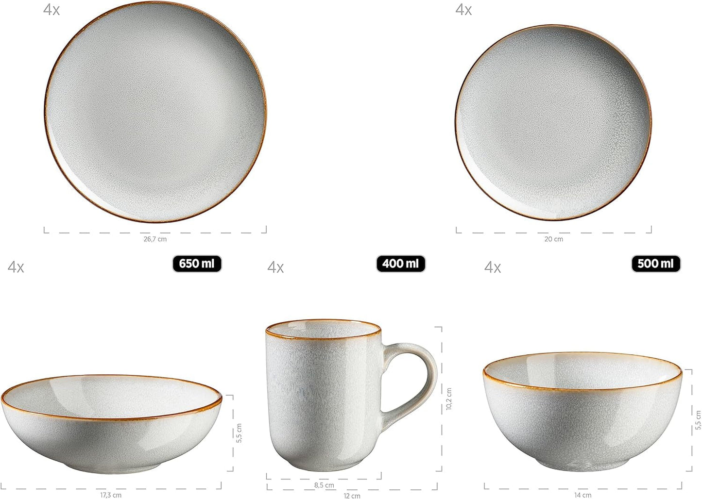 MÄSER Mabella, Vintage servisset för 4, 20-delars kombinationsservice med förfinad reaktiv glasyr och fin brun kant, Stengods, Grå-Beige