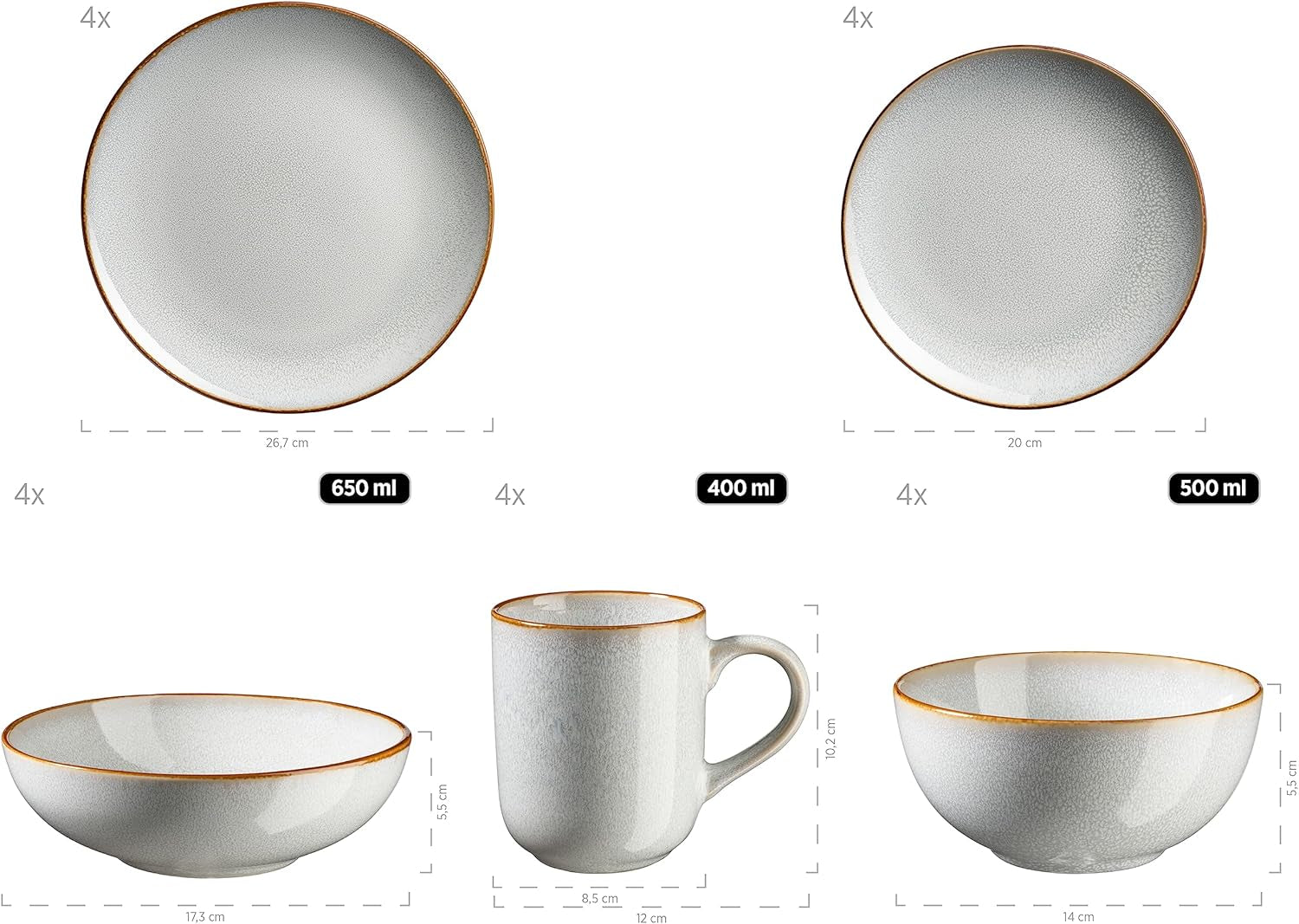 MÄSER Mabella, Vintage servisset för 4, 20-delars kombinationsservice med förfinad reaktiv glasyr och fin brun kant, Stengods, Grå-Beige