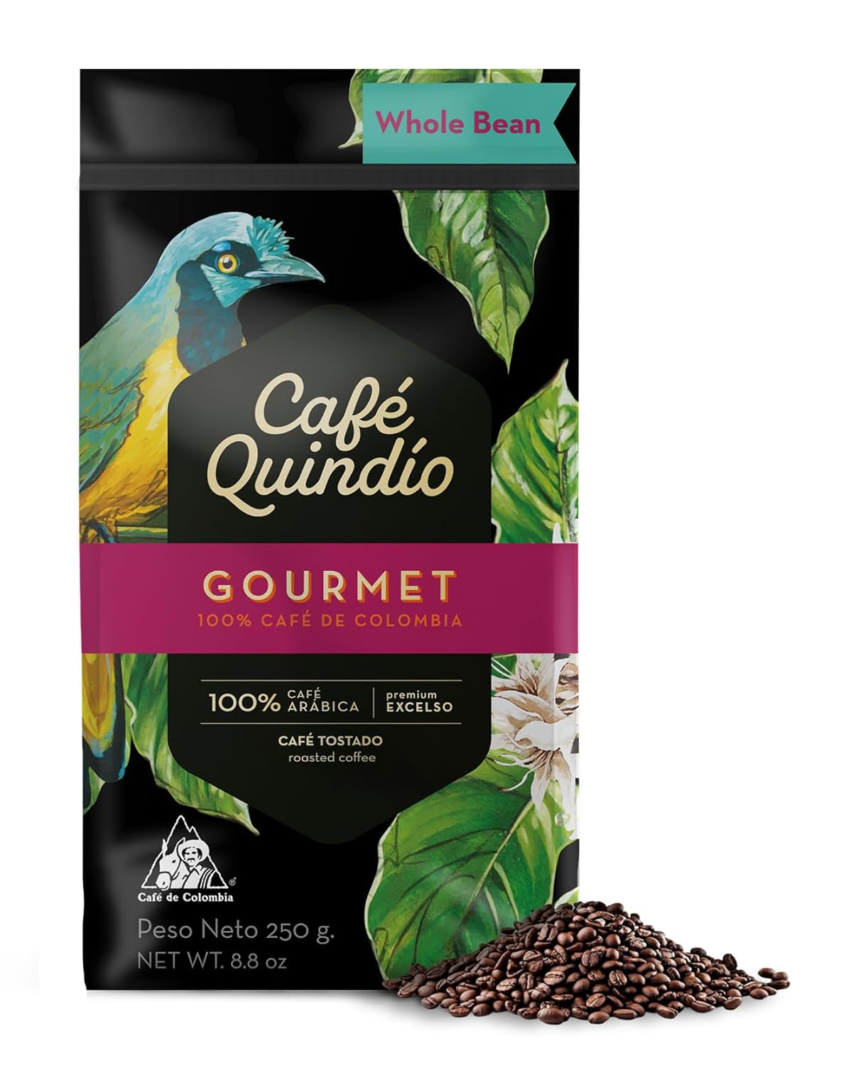 Cafe Quindio Gourmet - specialkaffe - 100 % Arabica kaffebönor, Colombia, 250 g - perfekt för portafiltermaskiner, helautomatiska maskiner, filterkaffe eller fransk press