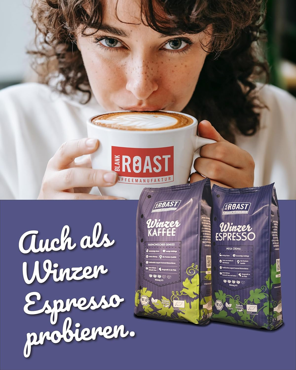 Blank Roast - BIO Winzer Kaffee 1000g - schonend mit Pfälzer Rebholz geröstet - ganze Kaffee-Bohnen aus Peru - 100% Arabica Röstung - schokoladig & nusig - säurearm