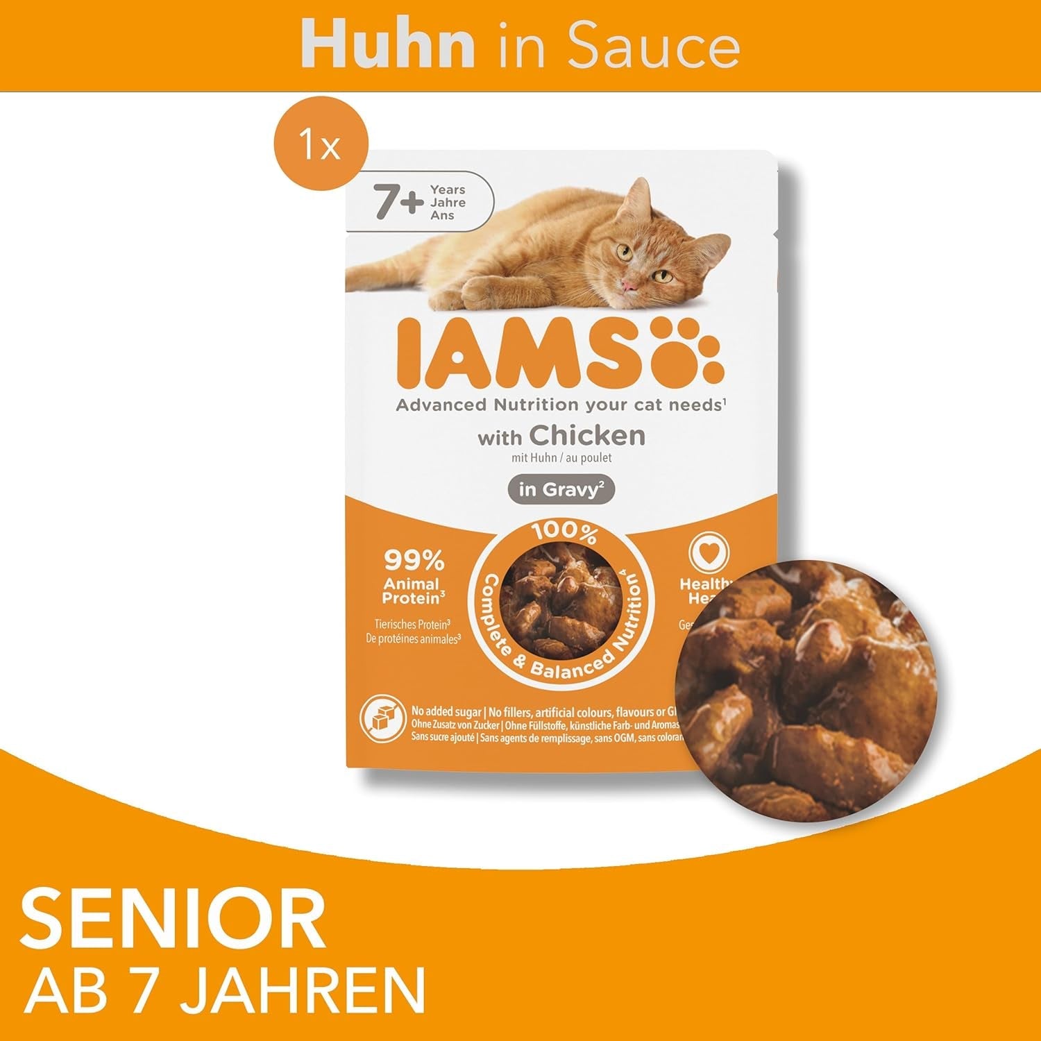 IAMS Delights våt kattmat med kyckling i sås för äldre katter 7 år och äldre - provstorlek, individuell påse, 1 x 85 g