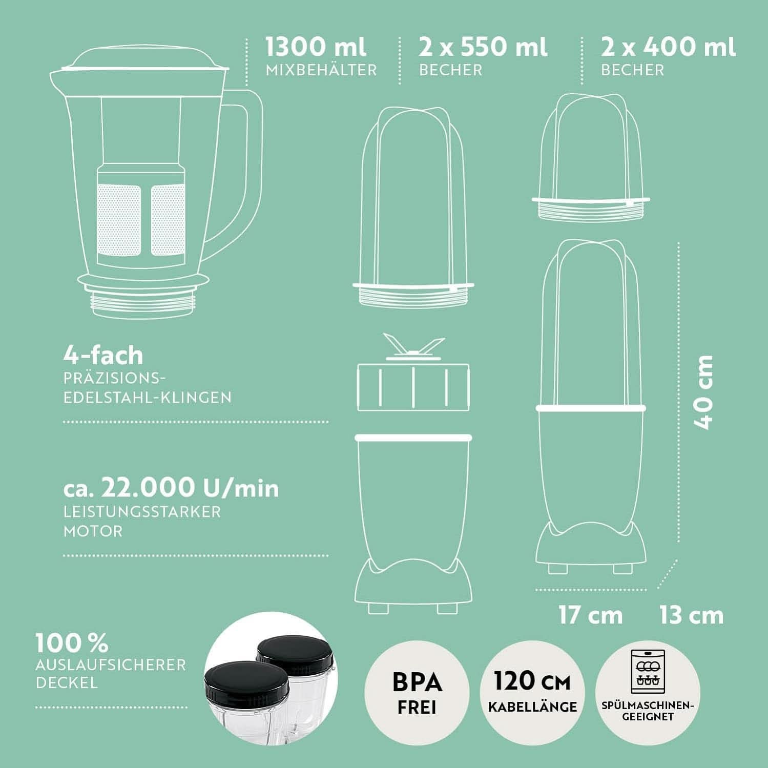 Gourmetmaxx Mr Magic Blender, Smoothie Maker med Xxl Naty Shop tillbehörspaket