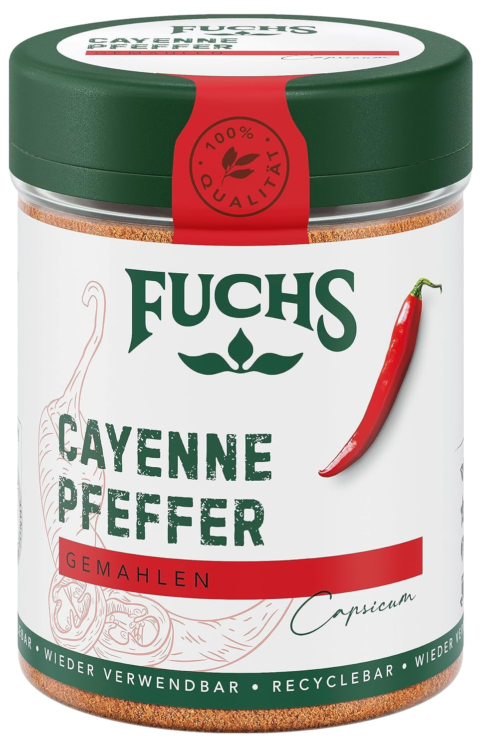 Fuchs Gewürze - Cayennepeppar gemahlen - för einen scharfen Geschmack i alla typer av rätter - naturliga ingredienser - 60 g i wiederverwendbarer, recyclebarer Dos