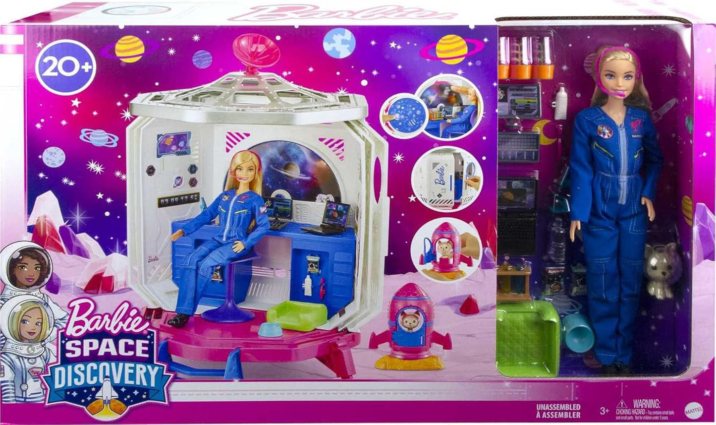 Barbie GXF27 - Rymdstationsrymdäventyr, rymddocka, valp, arbetsstation, rymdscener, 20 tillbehör, presentleksak för barn från 3 år och uppåt