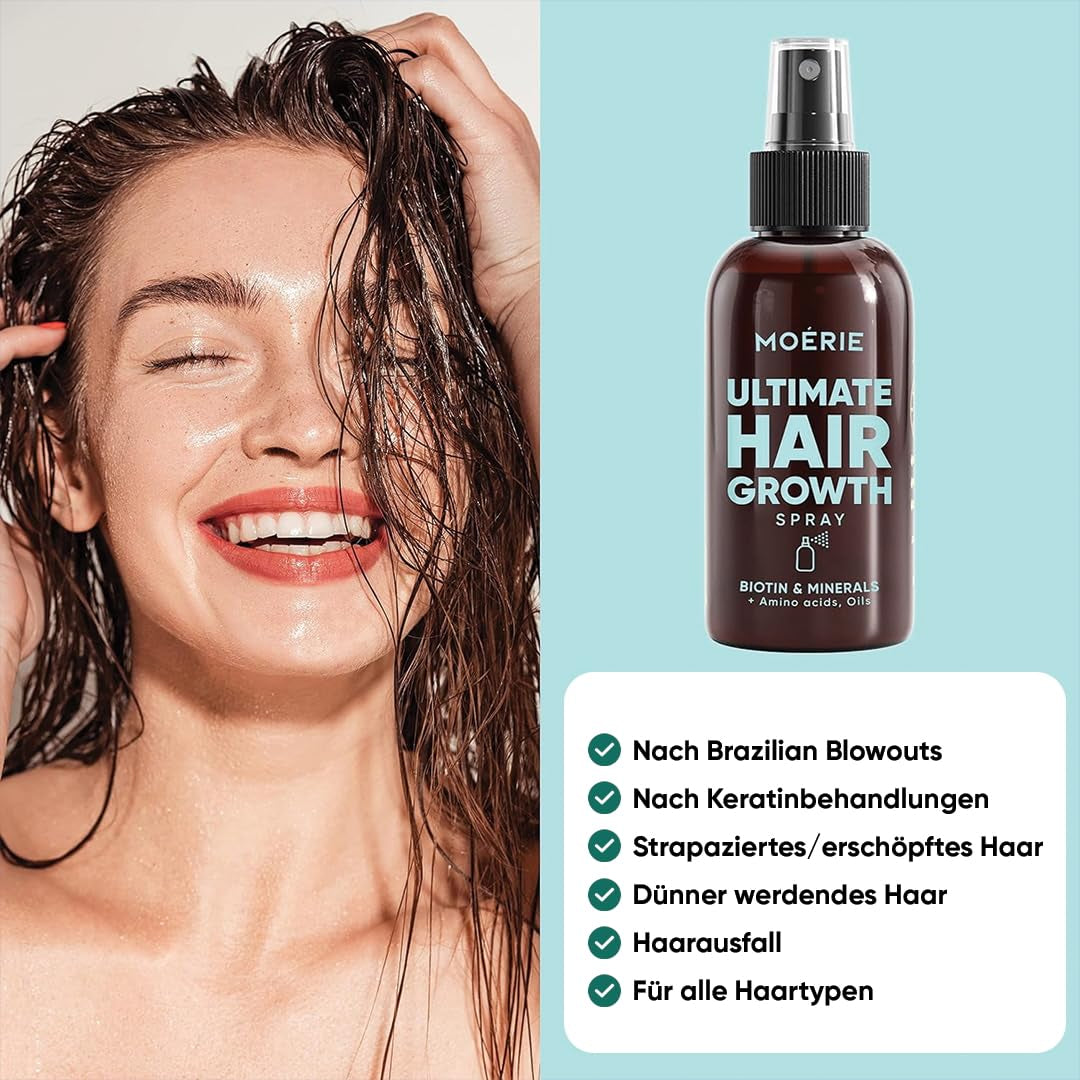 MOÉRIE Ultimate Mineral Hair Growth Spray för längre, tjockare och fylligare hår - med biotin och koffein - Veganska hårprodukter, Parabenfri, alla hårtyper, vänder håravfall - 2 månaders tillförsel Hårvård Naty Shop