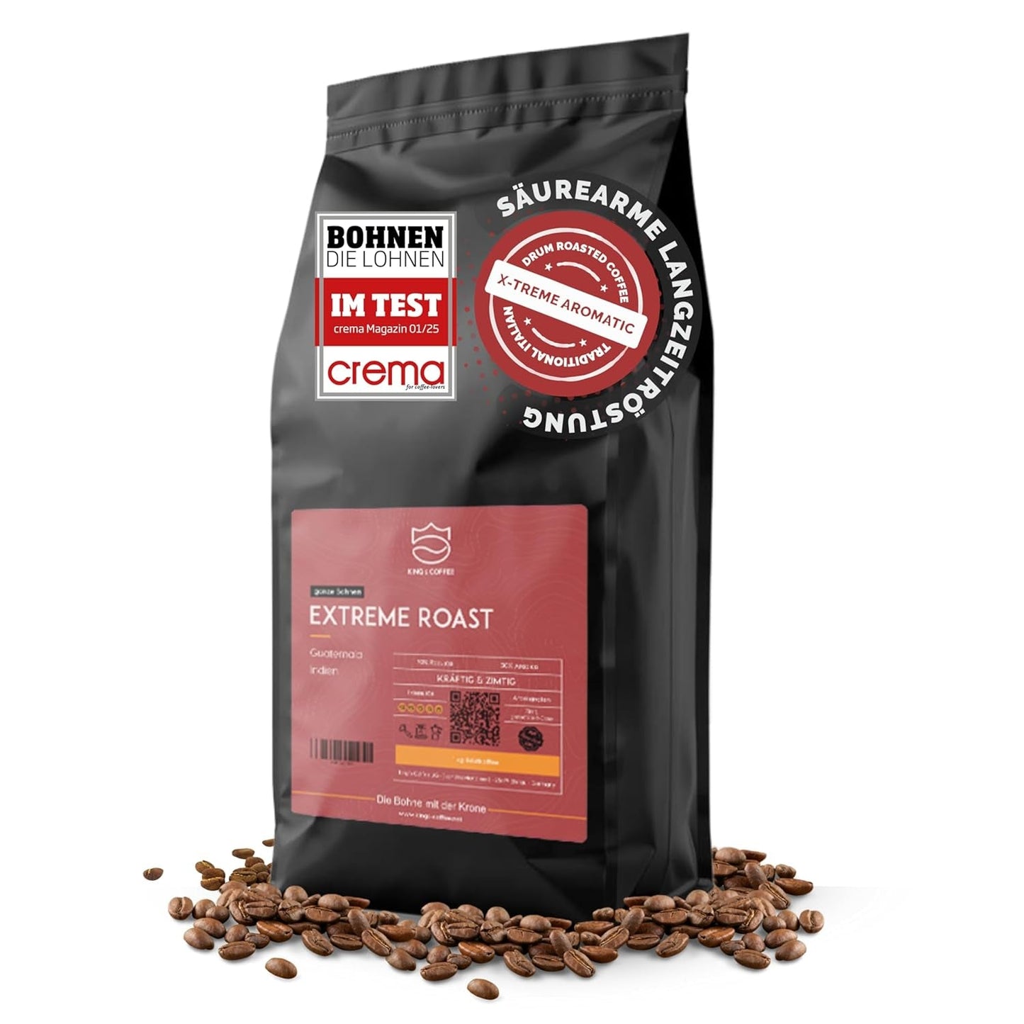KING'S COFFEE - EXTREME ROAST - Espresso Intenso bönor - mycket låg syra - liten sats rostning från Italien - kaffebönor för helautomatiska maskiner och portafiltermaskiner - 1 kg