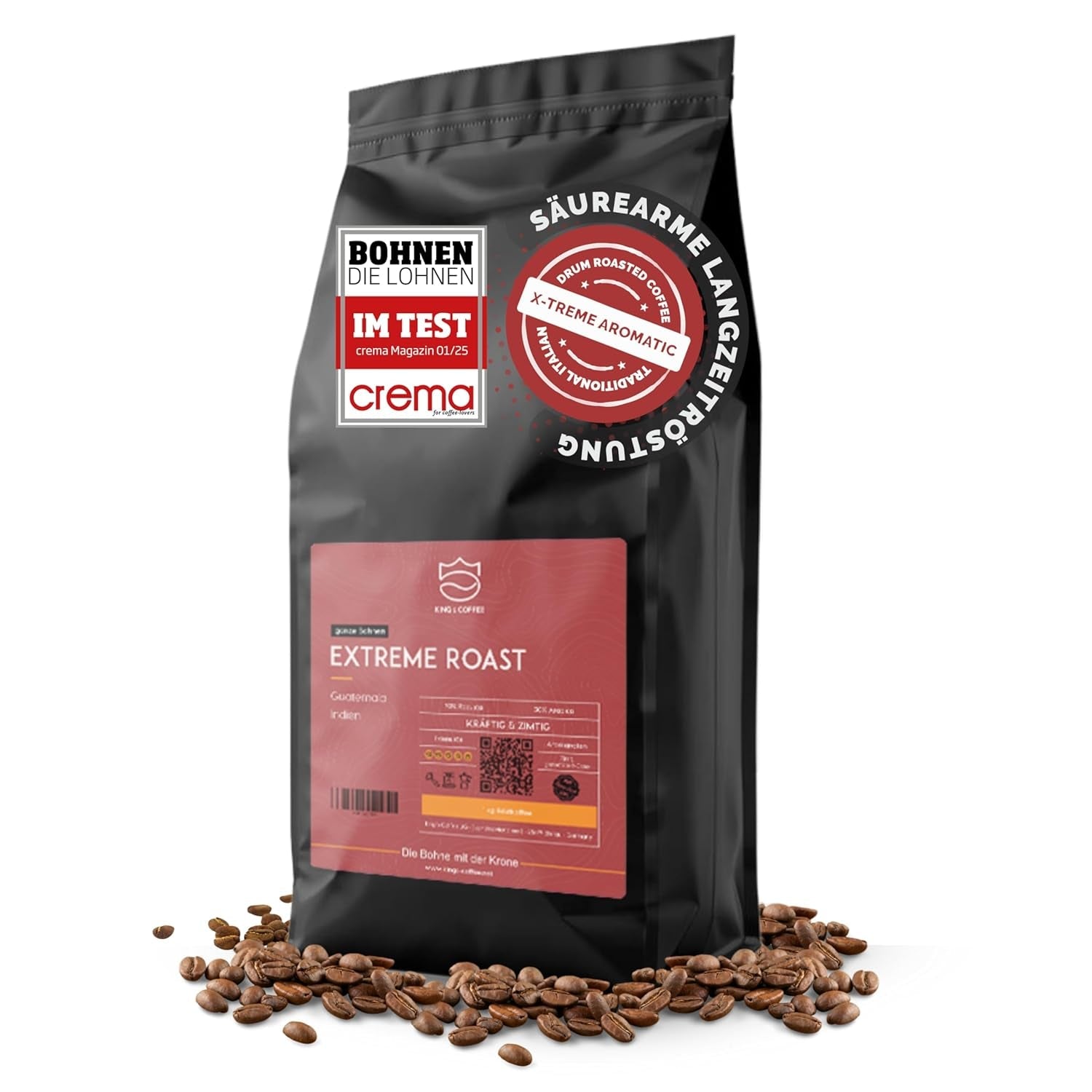 KING'S COFFEE - EXTREME ROAST - Espresso Intenso bönor - mycket låg syra - liten sats rostning från Italien - kaffebönor för helautomatiska maskiner och portafiltermaskiner - 1 kg