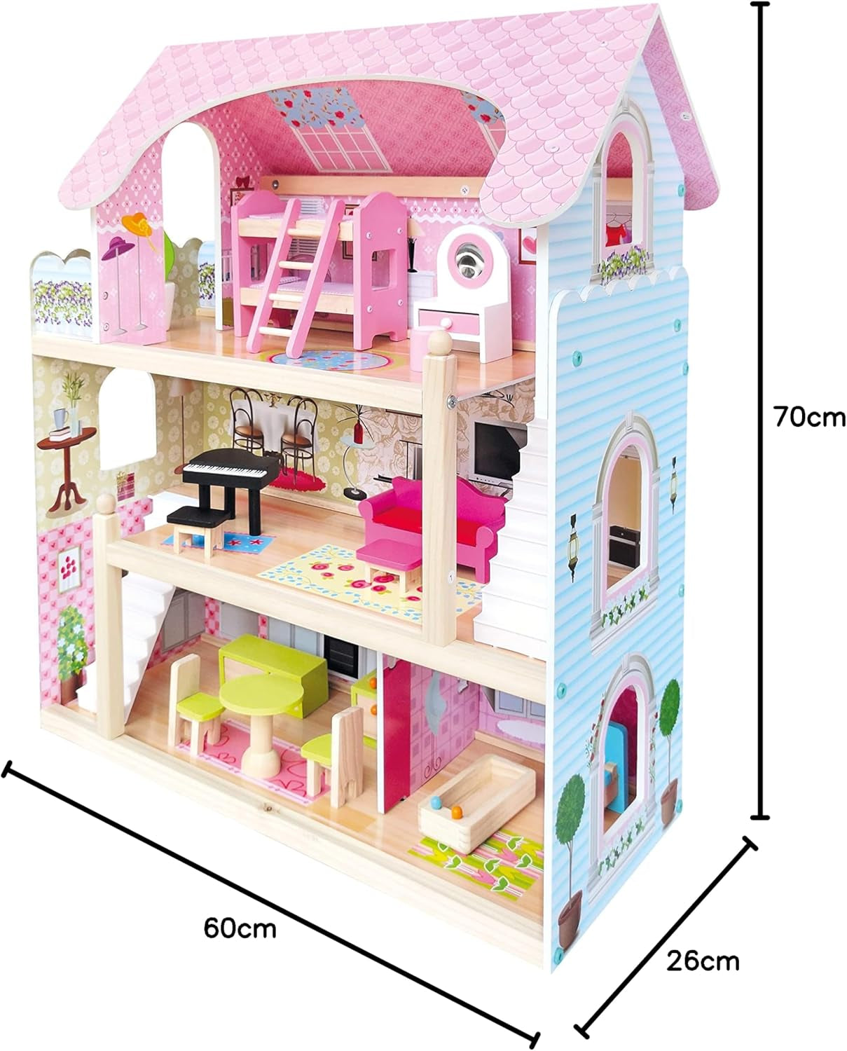 Bino World of Toys Dockhus med balkong, Leksak för småbarn från 3 år, med 3 våningar, trappor, 4 rum och balkong inkl. 15-TLG. Tillbehör, För att främja barns färdigheter, Rosa design Naty Shop dockskåp