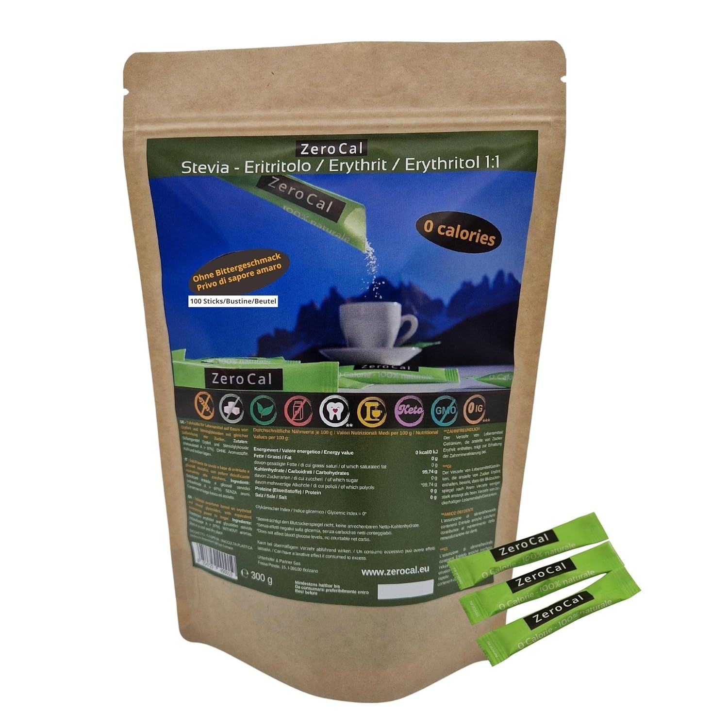 Zerocal - 1:1 (Erythritol + Stevia) 100 Sticks Je 3 G | Idealisk för sötning av kaffe, te och andra drycker Gleiche Süßkraft Von Zucker | Glutenfri, Vegan, GMO-fri | Kalorien Und GI = 0 Sweeteners Naty Shop Standardtitel