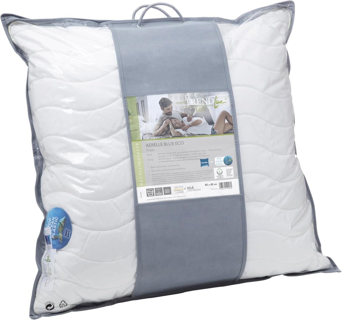 Badenia Trendline Eco Pillow Aerelle Blue 80 X 80 Cm, vit, Oeko-Tex certifierad, tillverkad enligt tysk kvalitetsstandard Naty Shop standardkuddar
