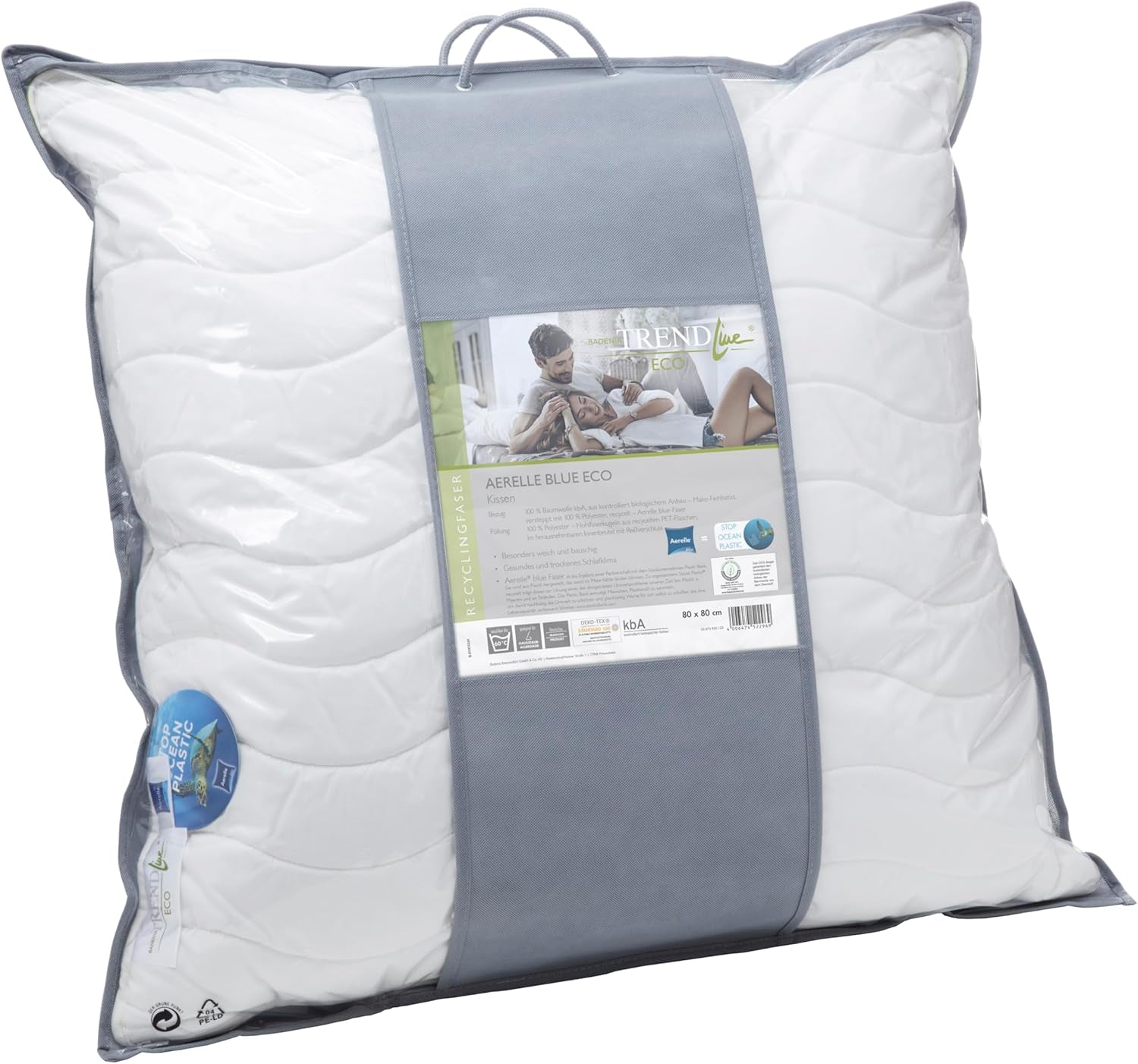 Badenia Trendline Eco Pillow Aerelle Blue 80 X 80 Cm, vit, Oeko-Tex certifierad, tillverkad enligt tysk kvalitetsstandard Naty Shop standardkuddar
