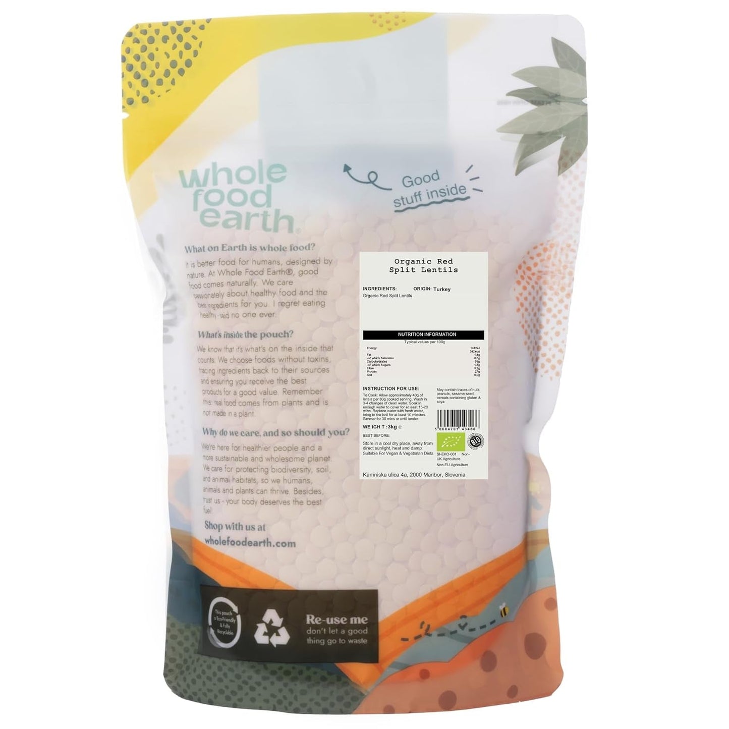 Wholefood Earth Ekologiska delade röda linser 3 kg icke-GMO Vegan med hög halt av fibrer med hög proteinhalt från certifierat ekologiskt jordbruk