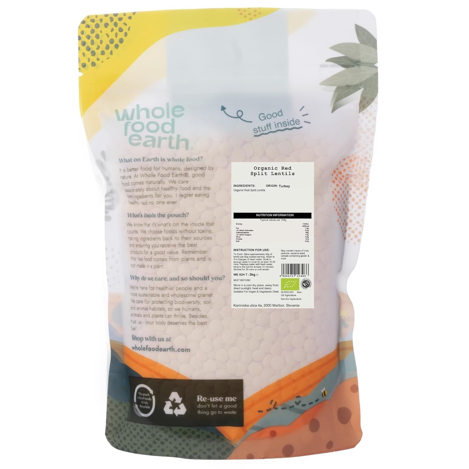 Wholefood Earth Ekologiska delade röda linser 3 kg icke-GMO Vegan med hög halt av fibrer med hög proteinhalt från certifierat ekologiskt jordbruk