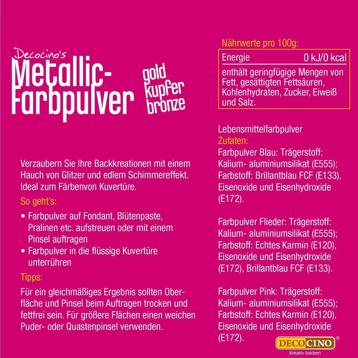 DECOCINO Metallic Pastell Coloring Powder (3X2G) – Blå, Lila och Rosa – Food Coloring Pulver – Glitterpulver Lämplig för fondant som tårtdekoration och tårtdekoration!