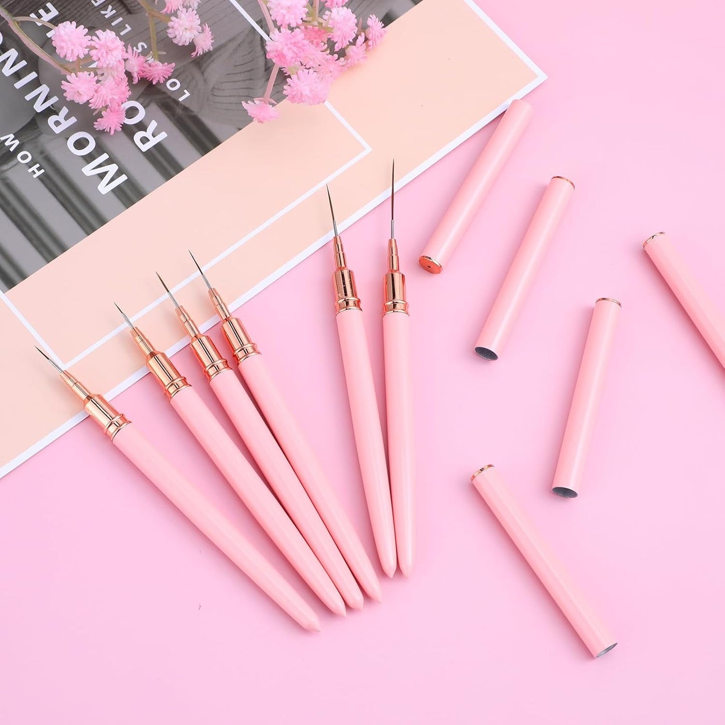6 Stück Liner Nailart Pinsel Nageldesign Pinsel Set Dünn Acryl Nagelpunkt-Zeichenwerkzeug Nägel Dünne Nagelpinsel Set Für Lange Linien, Dünne Details, Feines Zichnen 5/7/9/11/15/25 Mm（Rosa）