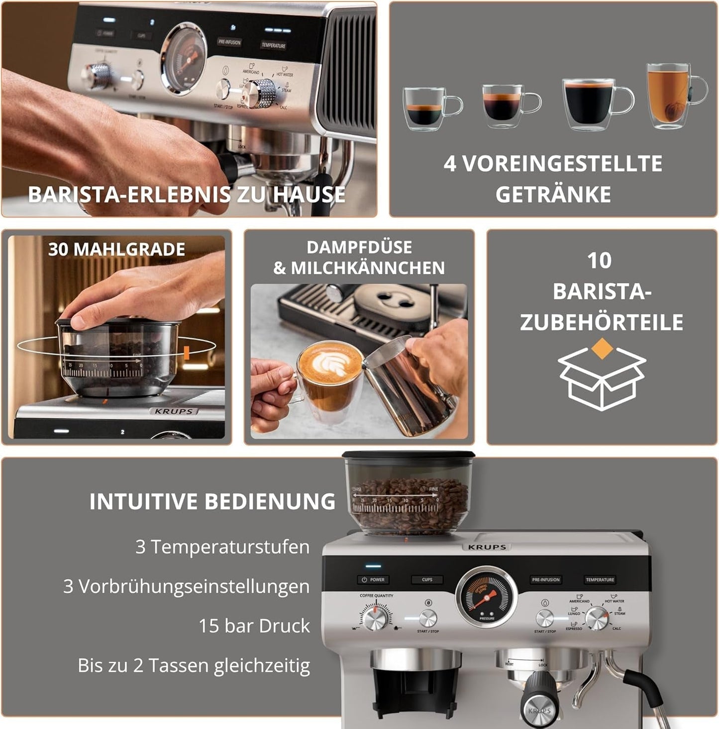 Krups Precision manuell espressomaskin med portafilter och kvarn, barista kaffemaskin med intuitiv kontrollpanel, förinfusionsinställningar, espressomaskin med ångmunstycke, snabb uppvärmning, XP801T10