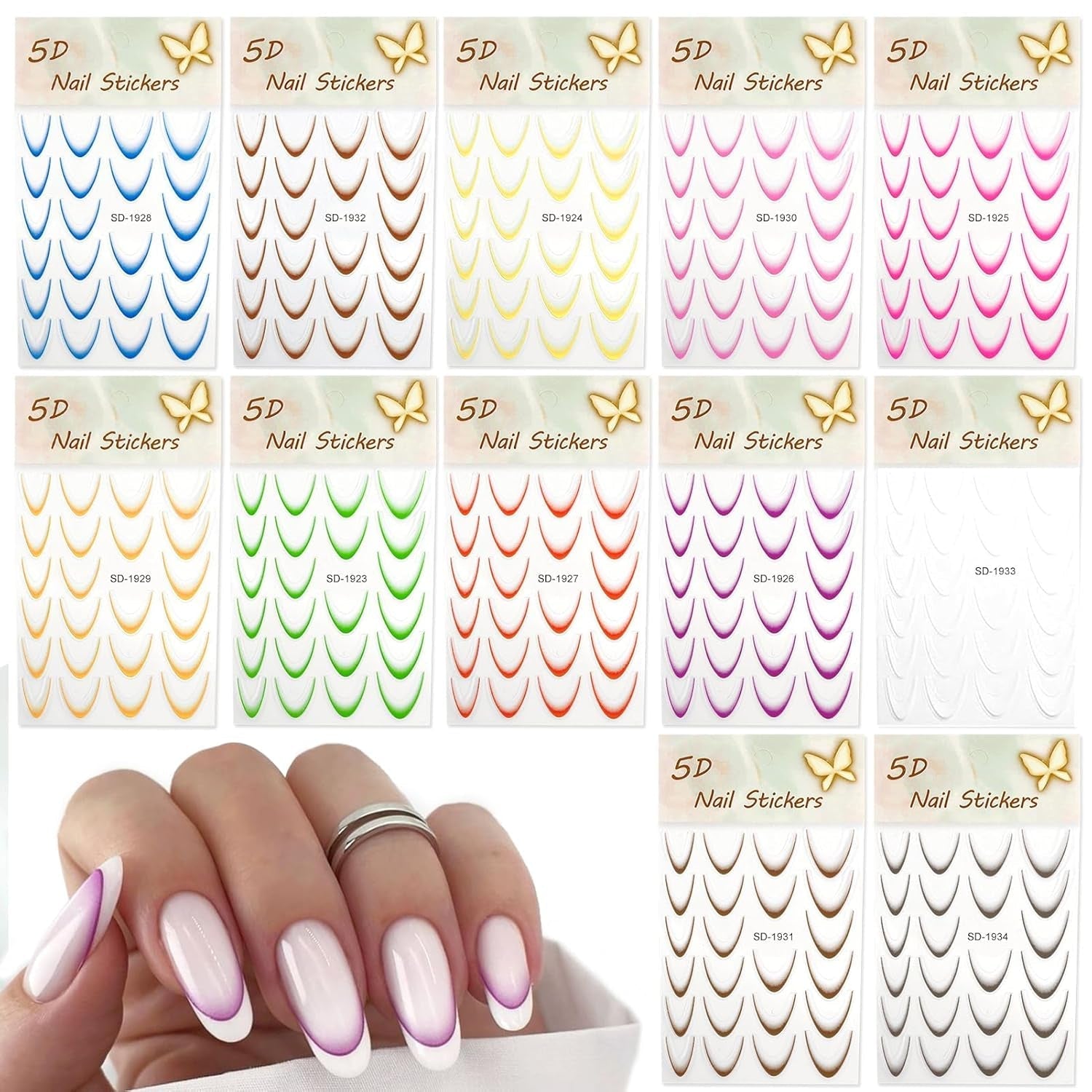12 Stück French Tip Nagelsticker Selbstklebend Bunte French Nails Schablone Nagelaufkleber Nagelkonstklistermärken Nageldesign DIY Nägel Zubehör(12 Farben)