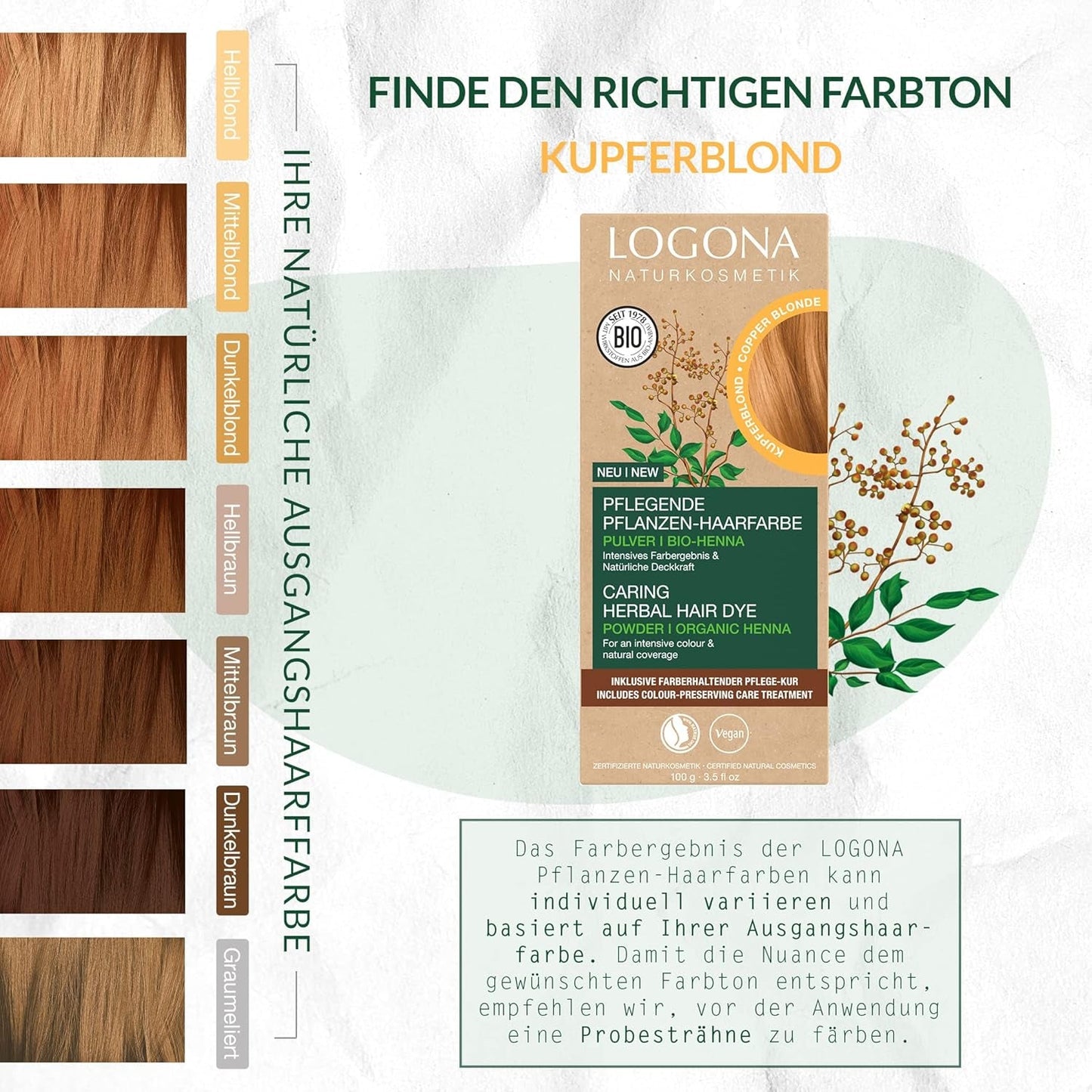 LOGONA Natural Cosmetics Örtvårdande hårfärgningsmedel, organiskt hennapulver Vegansk hårfärg för intensiv färg och glans, örtfärgat hårfärg i kopparblond (blond), 1 x 100 g Naty Shop hårfärgning