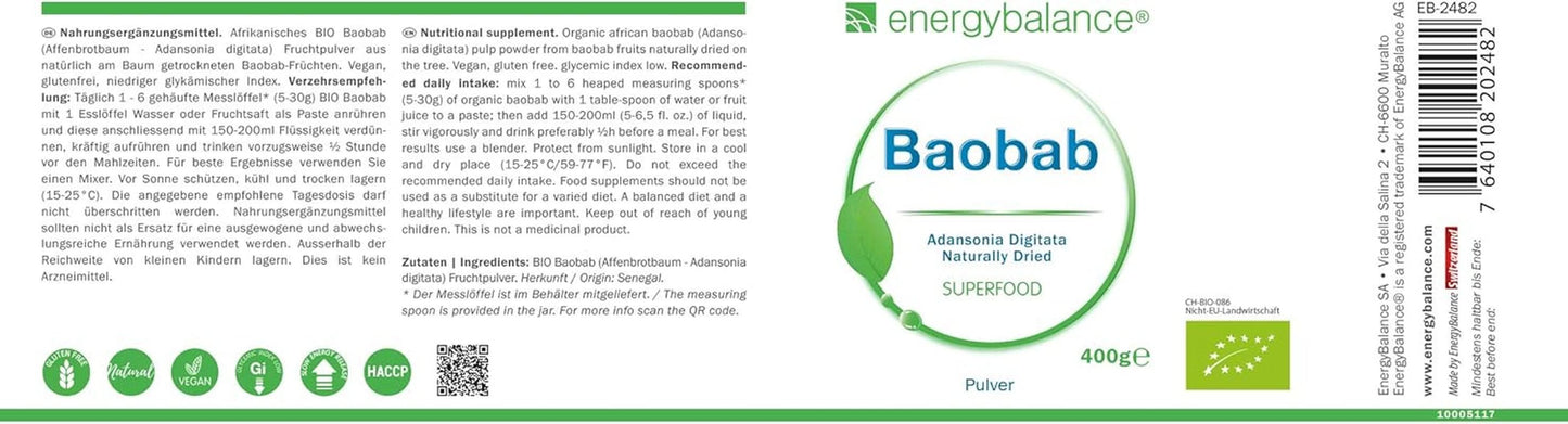 Baobab ekologiskt pulver - vitamin C, kalcium, magnesium, kalium, 400 gram Aromas Naty Shop